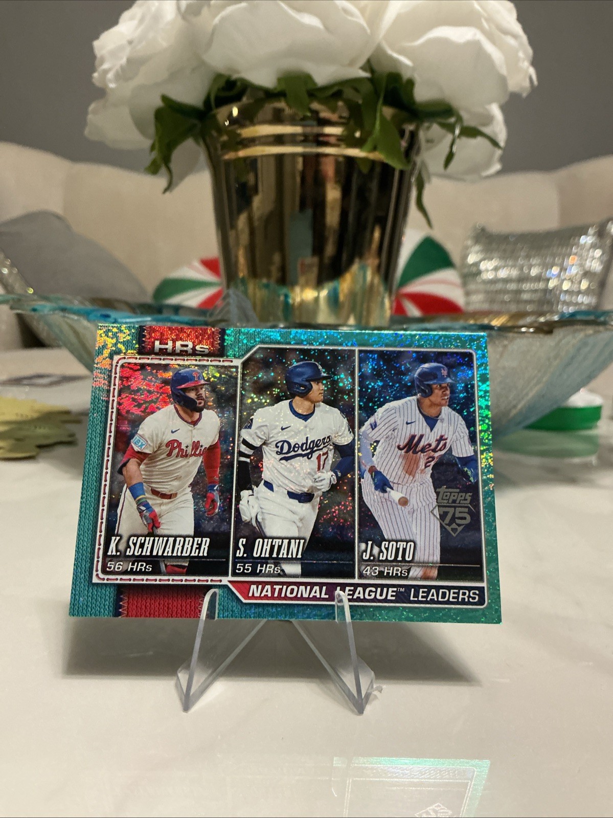 National League Leaders - K. Schwarber, S. Ohtani, J. Soto Aqua Shimmer Parallel - Trading Card Image