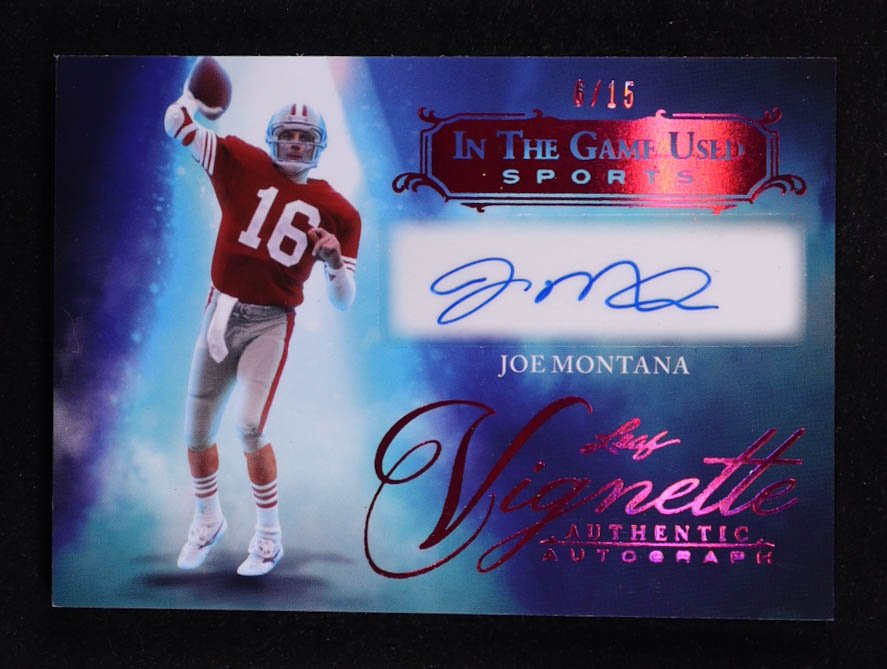 Joe Montana In The Game Used Sports Vignette Autograph Pink Pink Autograph - Trading Card Image