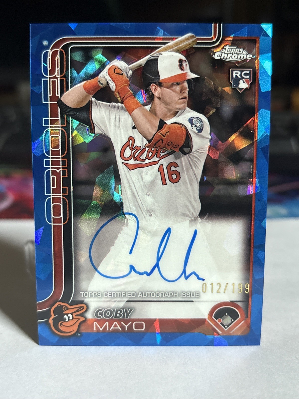 Coby Mayo 2024 Topps Chrome Blue Refractor RC Blue Refractor Autograph Rookie Card - Trading Card Image