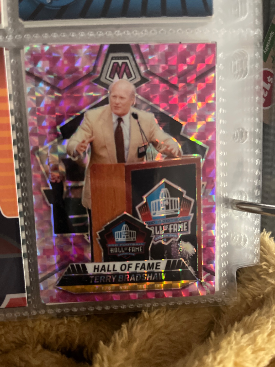 Terry Bradshaw Hall of Fame Fluorescent Pink FOTL Prizm Fluorescent Pink FOTL Prizm - Trading Card Image