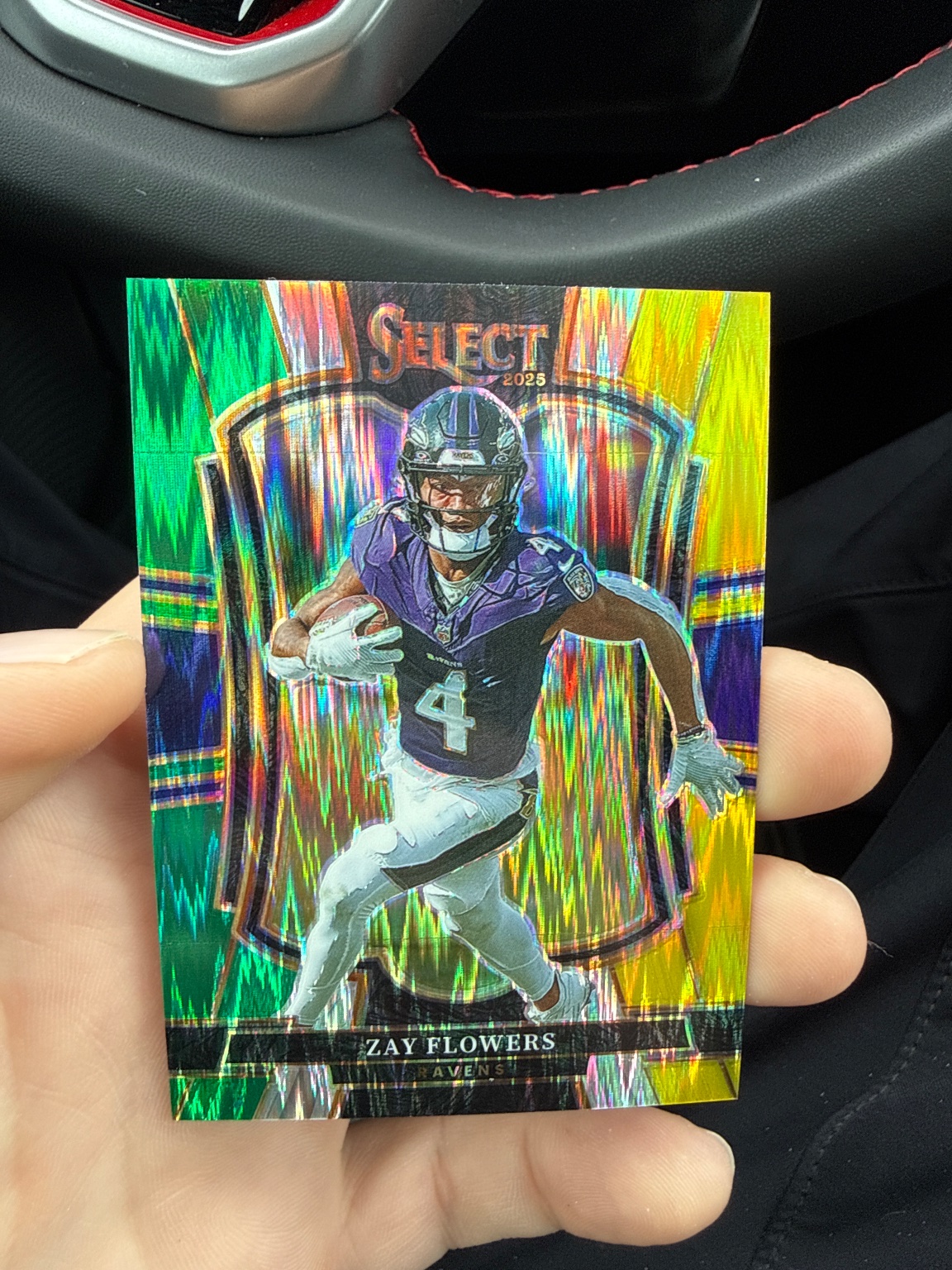 Zay Flowers 2025 Panini Select Green & Yellow Shimmer Prizm Green & Yellow Shimmer Prizm - Trading Card Image
