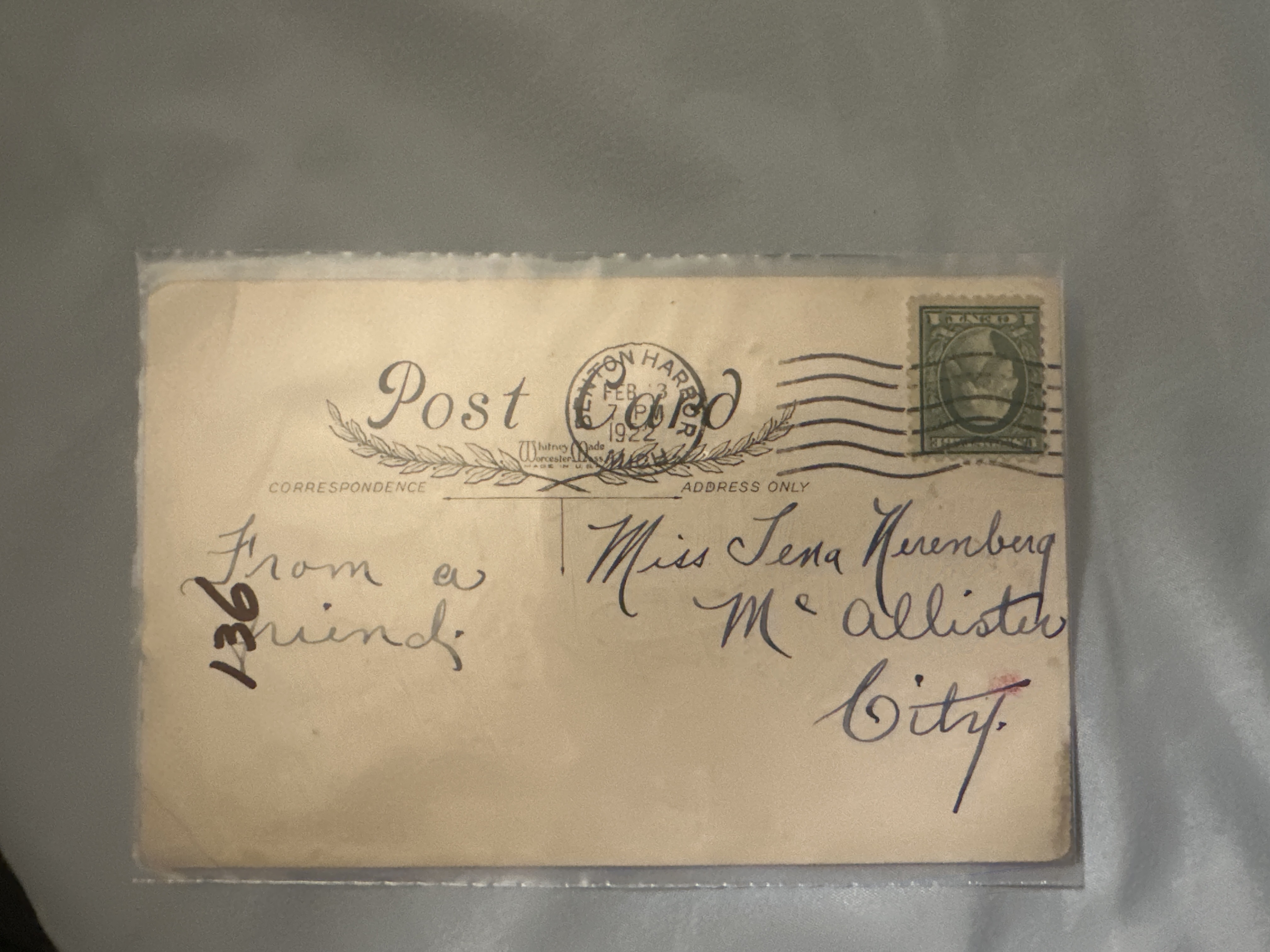 Whitney Made Postcard (1922) - Addressed to Miss Jena Nuenberg - Trading Card Image