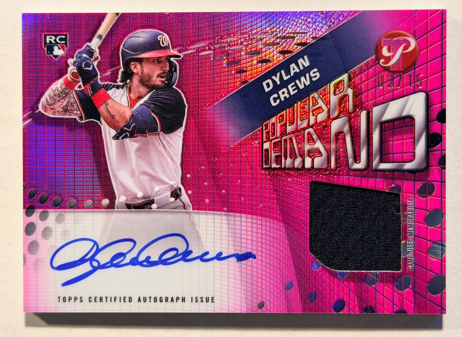 Dylan Crews Popular Demand Pink Grid Autograph Patch /15 Xfractor - Trading Card Image