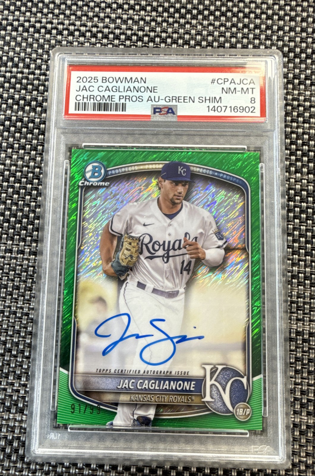 Jac Caglianone 2025 Bowman Chrome Prospects Autographs Green Shimmer Refractor Green Shimmer Refractor Near Mint - Trading Card Image