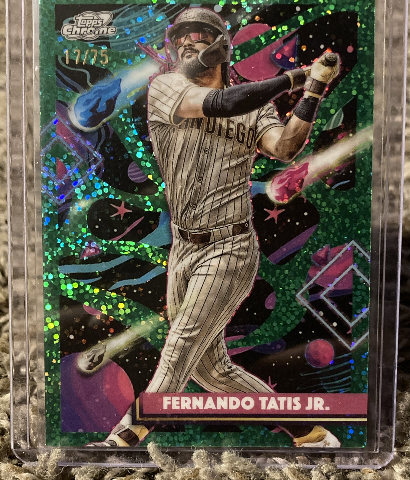 Fernando Tatis Jr. 2023 Topps Chrome Cosmic Stargazing Pulsar Refractor /75 Stargazing Pulsar Refractor Green /75 - Trading Card Image