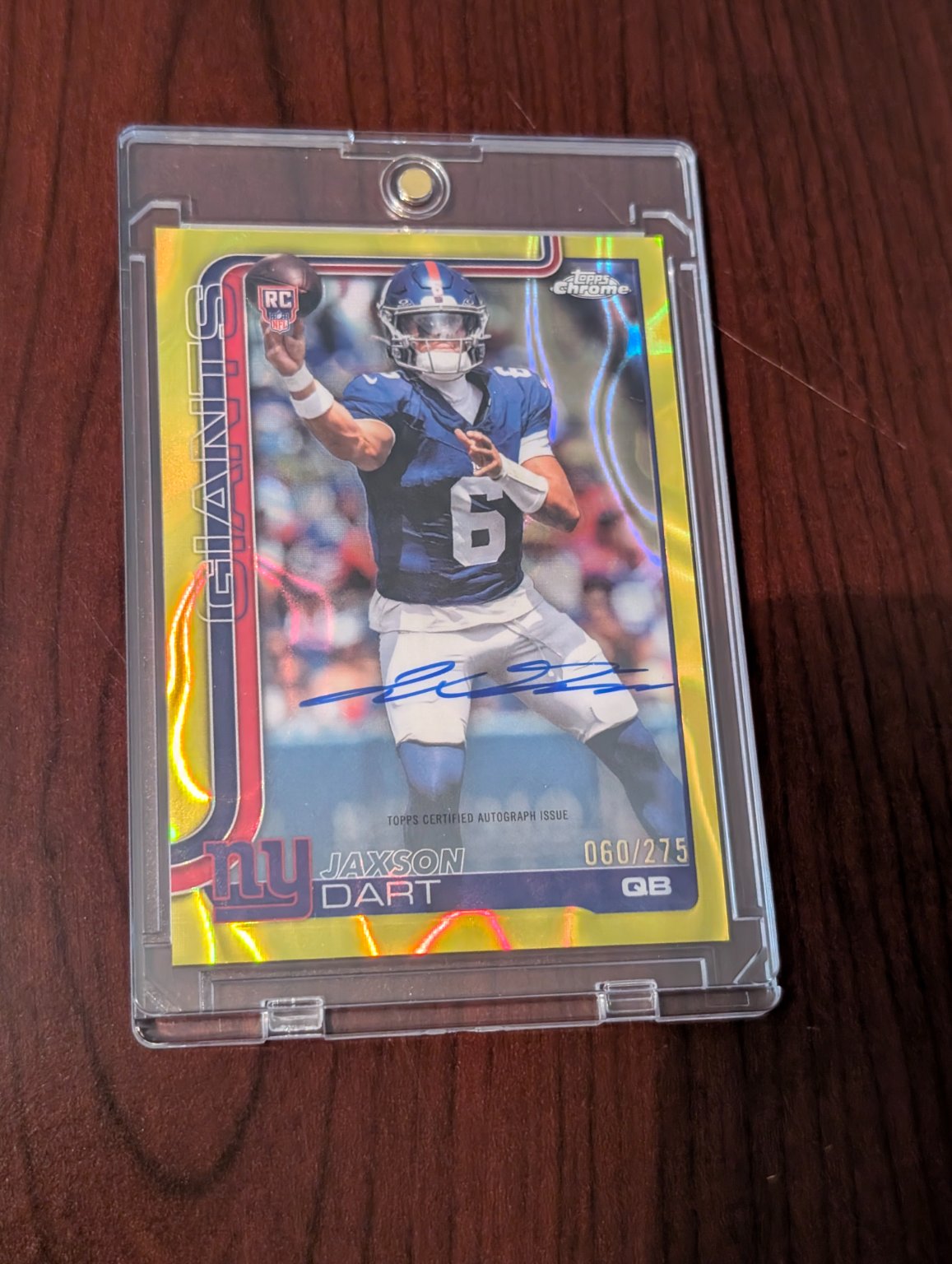 Jaxson Dart 2025 Topps Chrome Yellow Lava Autograph Rookie Card Yellow Lava Refractor - Trading Card Image