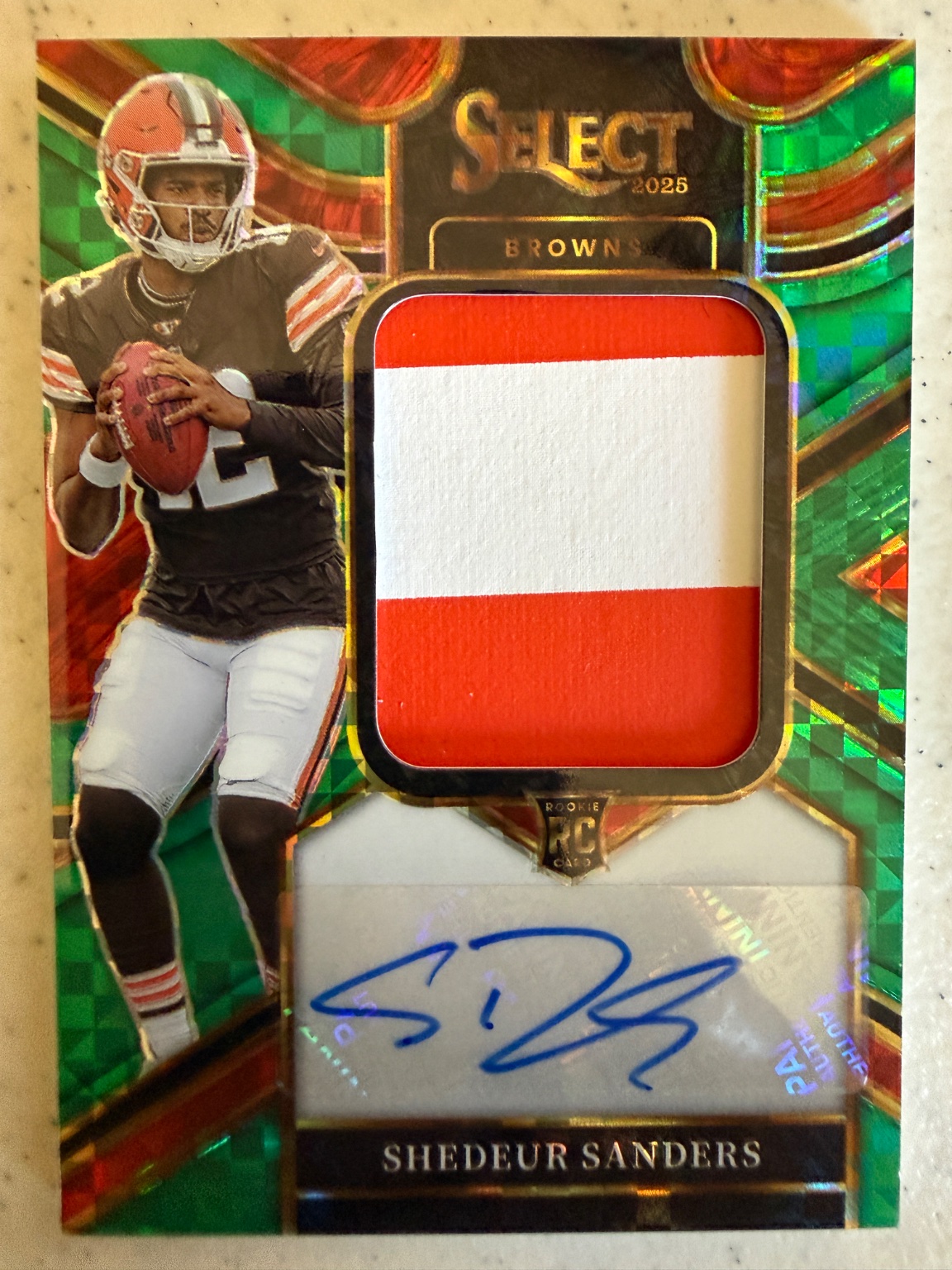 Shedeur Sanders 2025 Panini Select Green Shimmer Rookie Patch Green Shimmer - Trading Card Image
