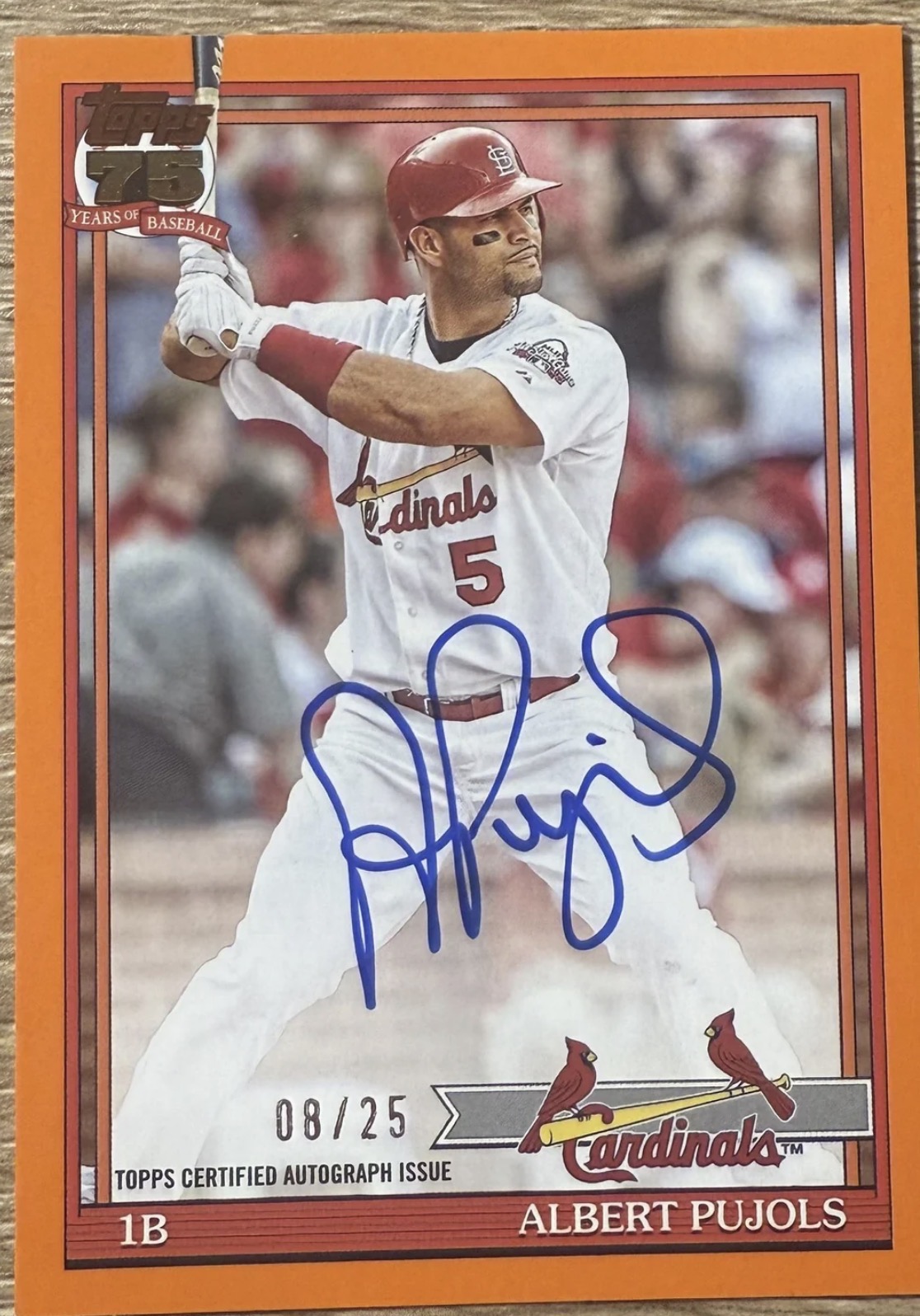 Albert Pujols 2021 Topps '75 Years of Baseball' Orange Certified Autograph Issue Orange Parallel Certified Autograph Issue #08/25 Near Mint - Trading Card Image