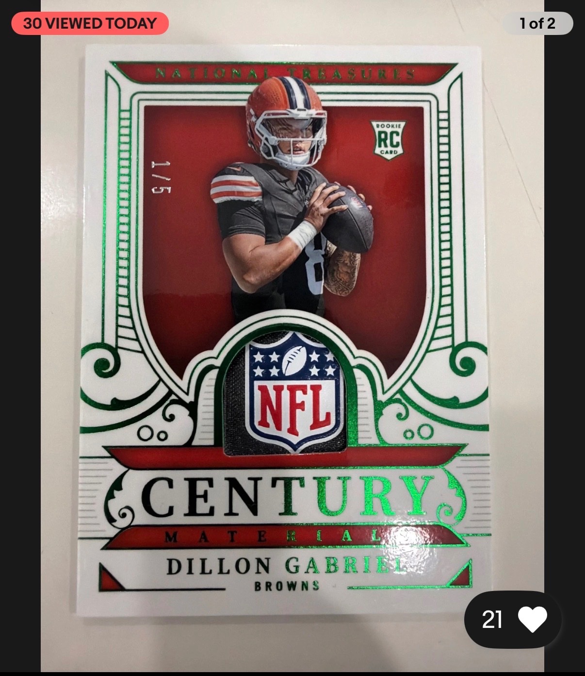 Dillon Gabriel National Treasures Century Materials Patch Rookie Card Century Materials - Trading Card Image