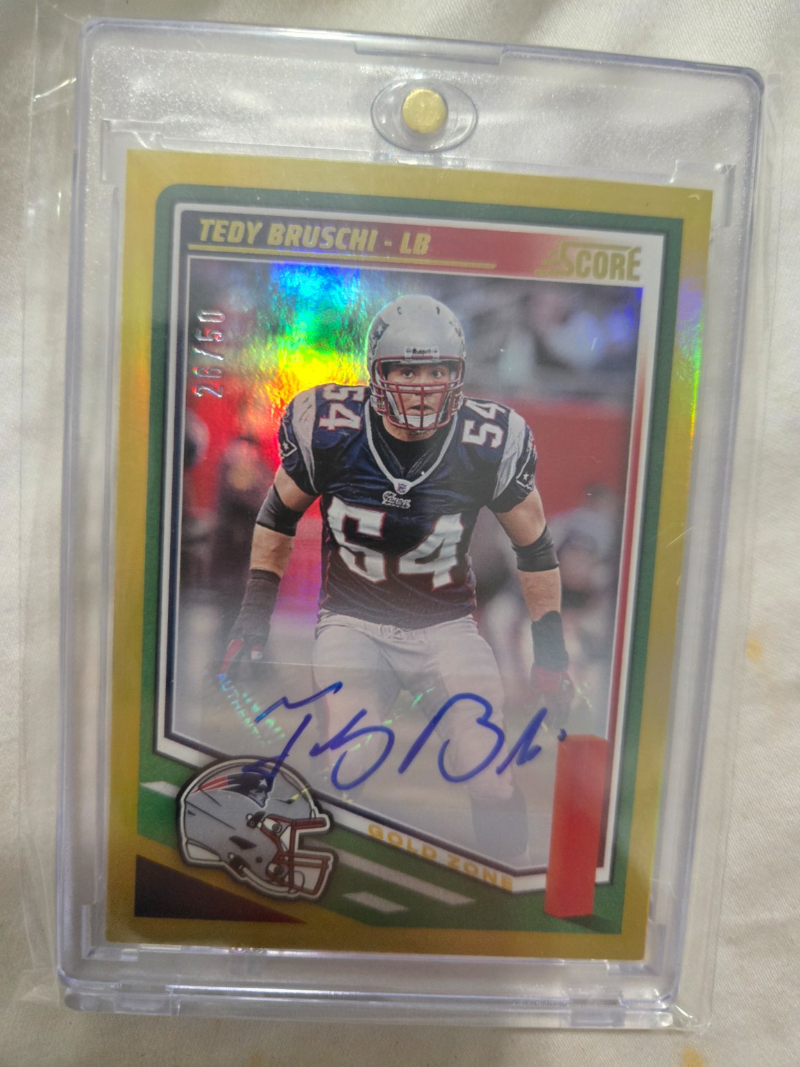 Tedy Bruschi 2023 Score Gold Zone /50 Gold Zone Autograph - Trading Card Image