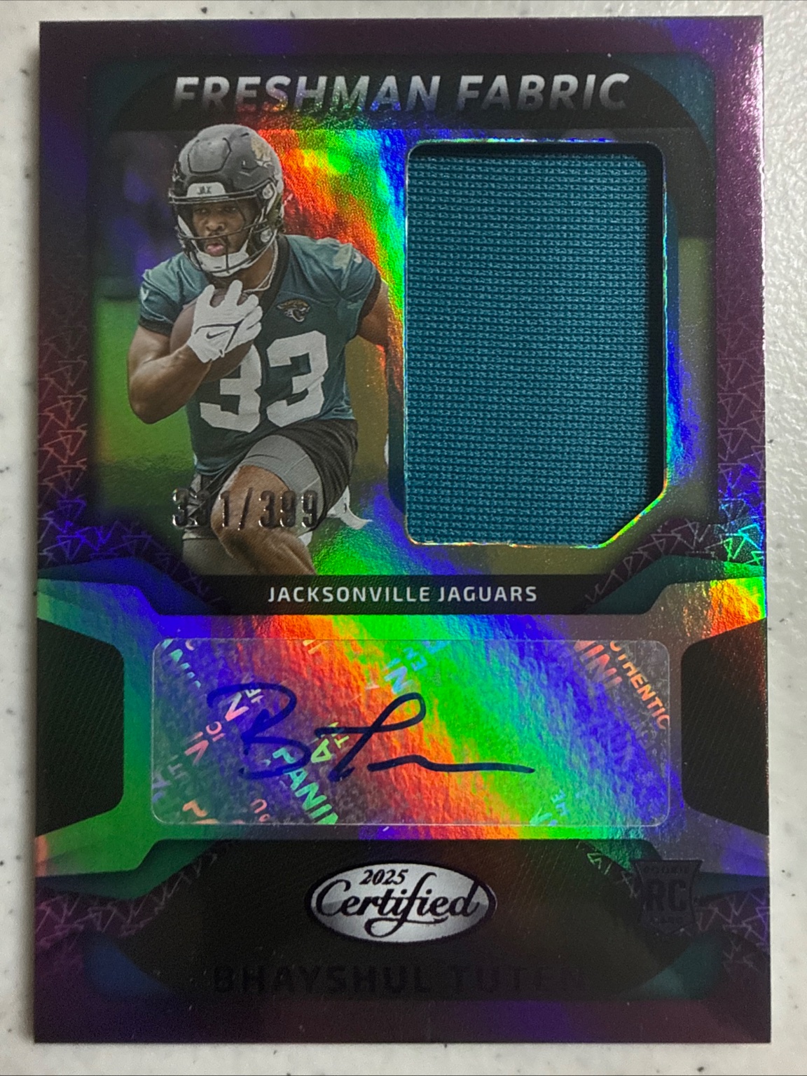 Bhayshul Tuten 2025 Panini Certified Freshman Fabric Patch Purple Parallel /399 Freshman Fabric Patch Autograph Purple Parallel - Trading Card Image