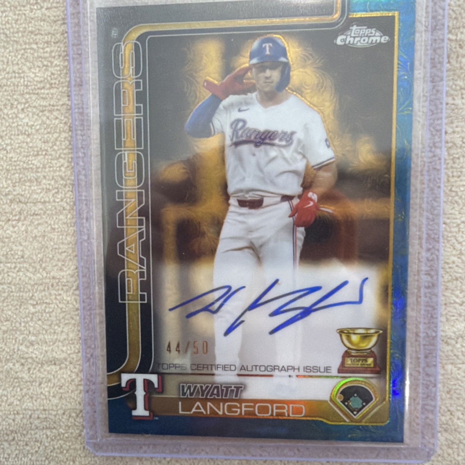 Wyatt Langford 2023 Topps Chrome Rangers Blue Refractor Blue Refractor Autograph - Trading Card Image