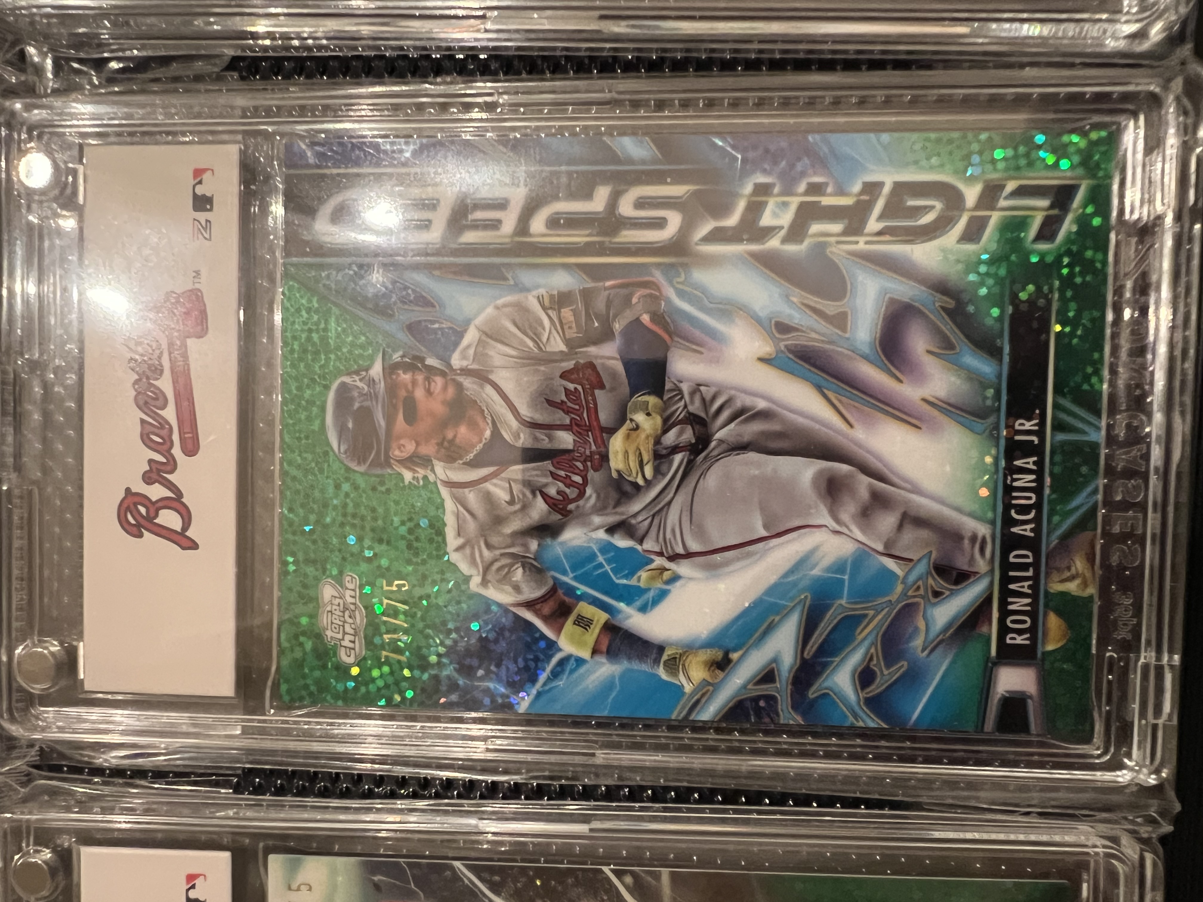 Ronald Acuña Jr. 2023 Topps Chrome Light Speed Green Refractor Light Speed Green Refractor /75 Near Mint - Trading Card Image