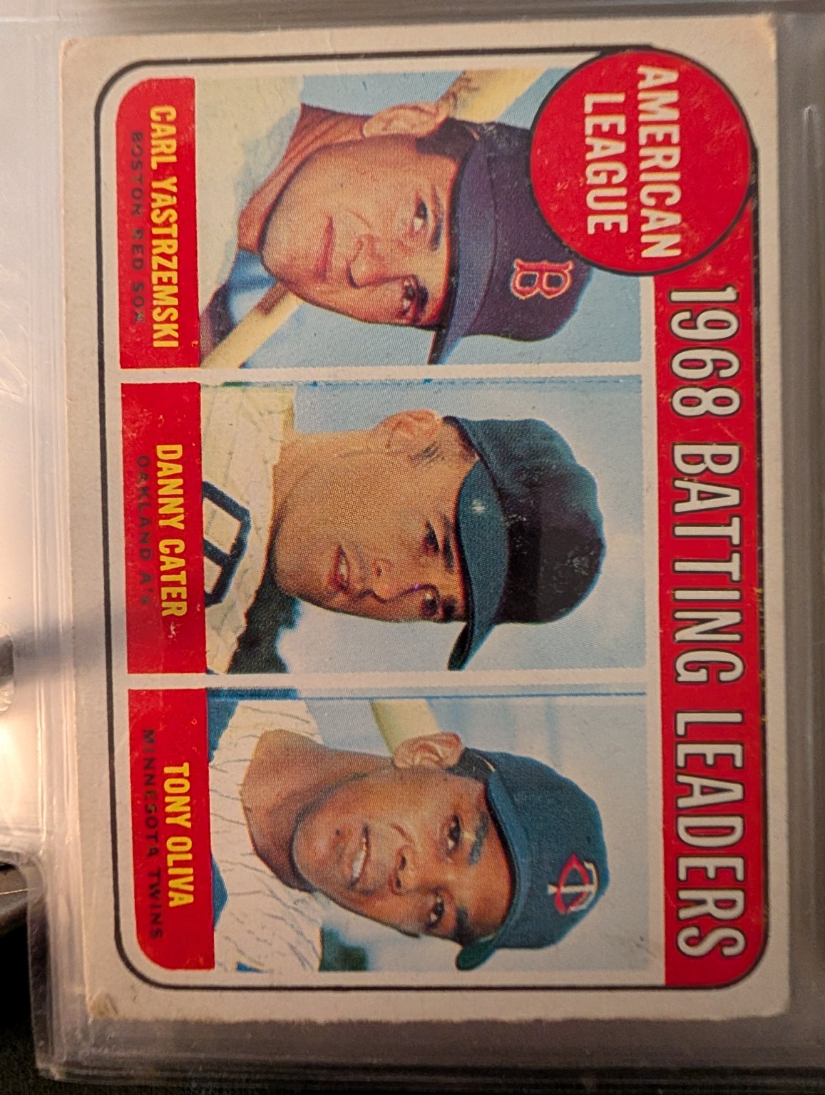 1968 Topps American League Batting Leaders #1 (Carl Yastrzemski, Danny Cater, Tony Oliva) Base - Trading Card Image
