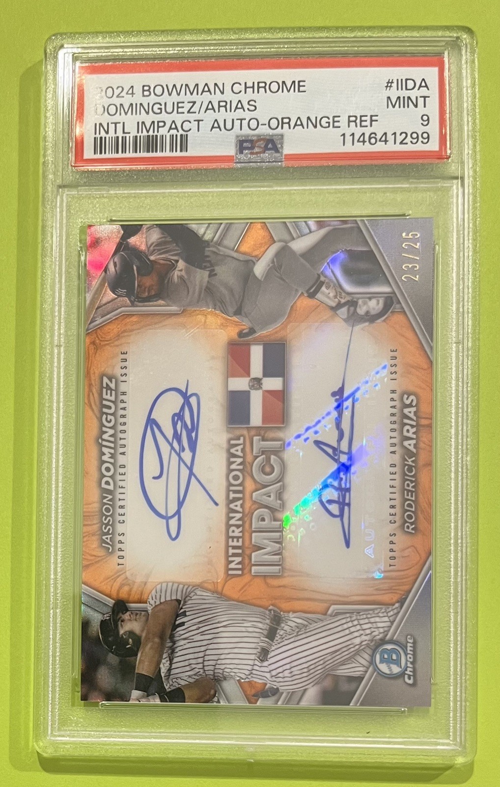 Jasson Dominguez / Roderick Arias 2024 Bowman Chrome International Impact Autographs Orange Refractor Orange Refractor Mint - Trading Card Image