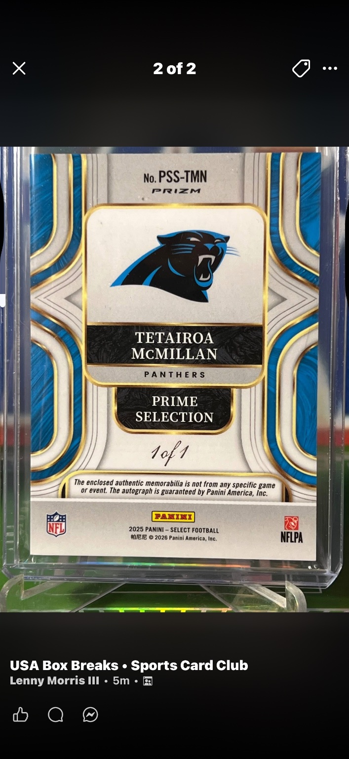 Tetairoa McMillan Prime Selection 1/1 Silver Prizm - Trading Card Image