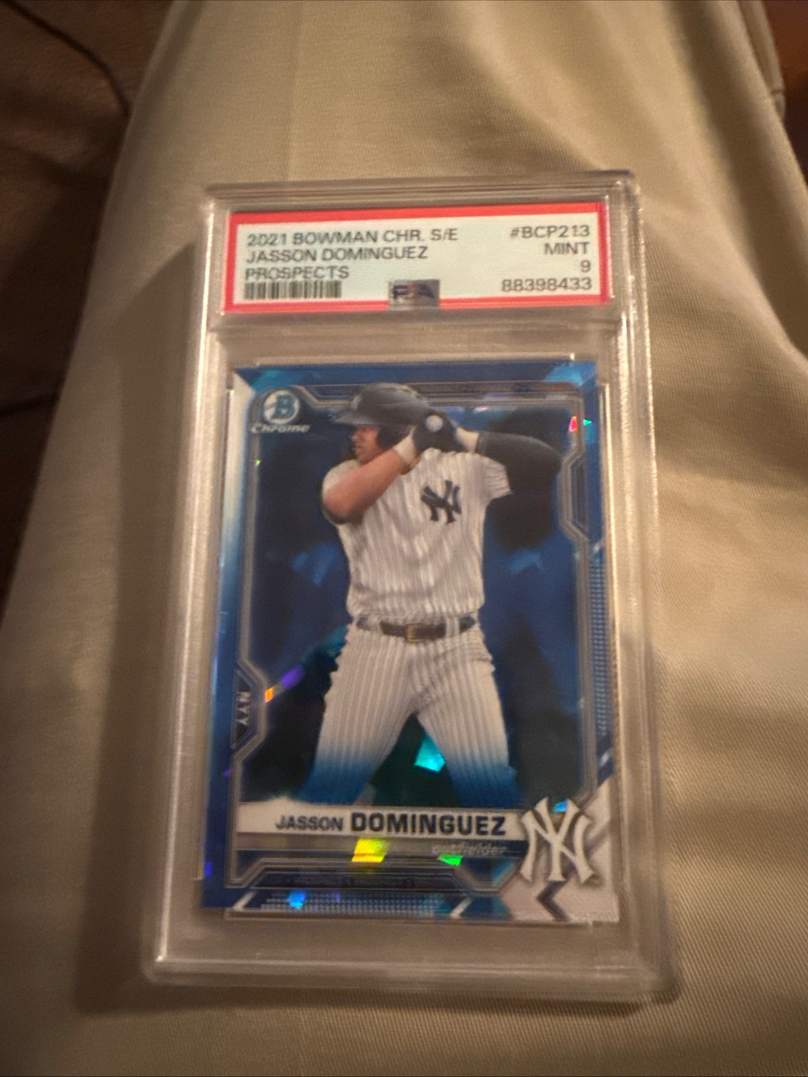 Jasson Dominguez - 2021 Bowman Chrome Sapphire Edition Prospects Blue Refractor Blue Refractor Mint - Trading Card Image