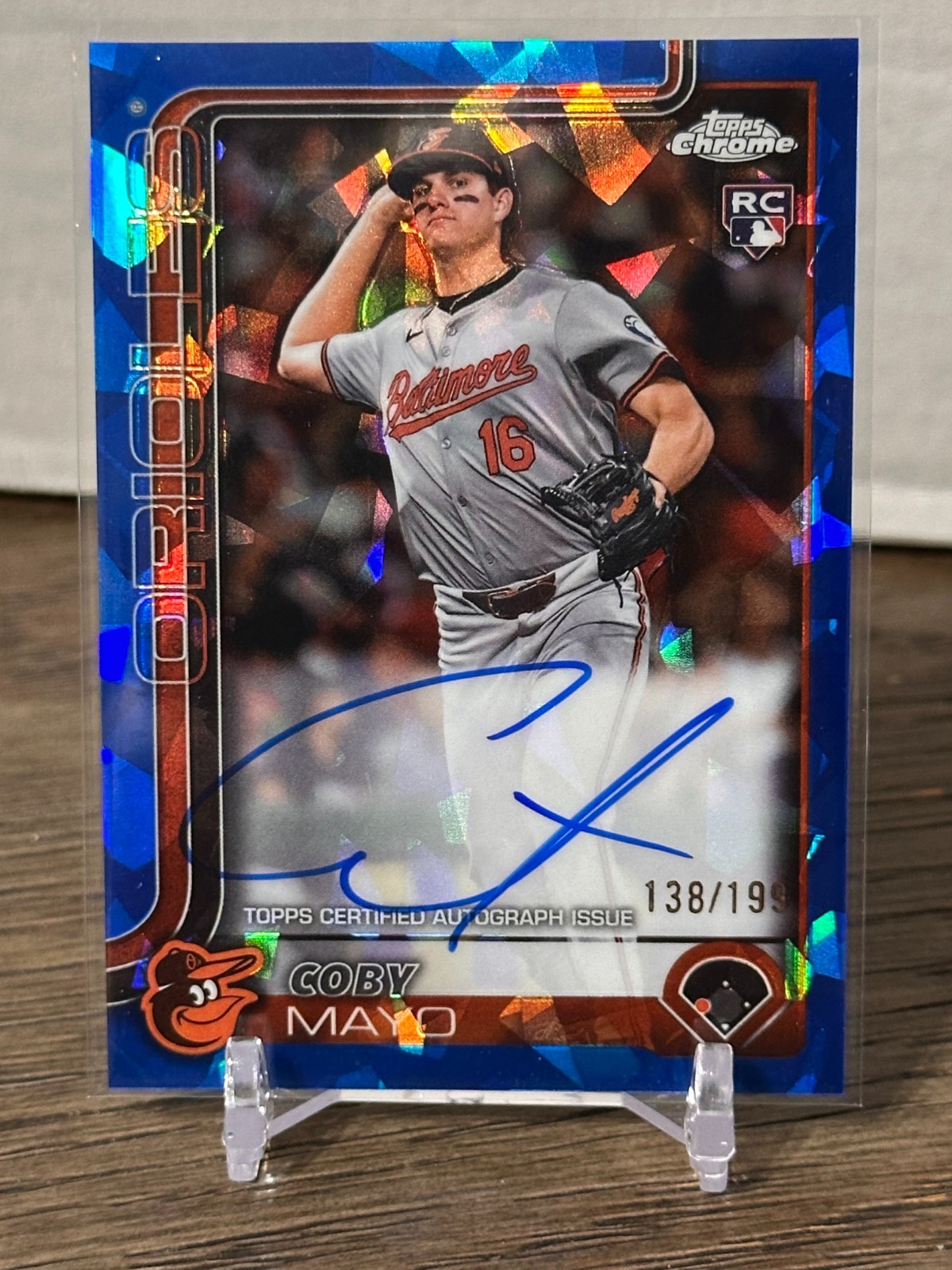Coby Mayo 2023 Topps Chrome Rookie Autographs Blue Refractor Blue Refractor Autograph - Trading Card Image