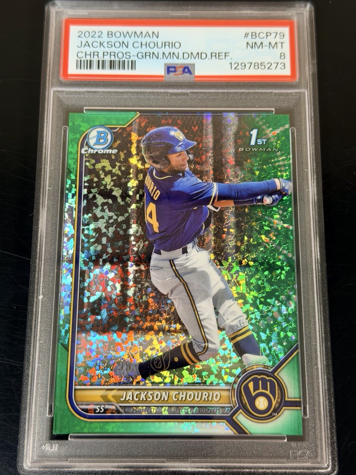 Jackson Chourio Chrome Prospects Green Mini-Diamond Refractor Green Mini-Diamond Refractor Near Mint - Trading Card Image