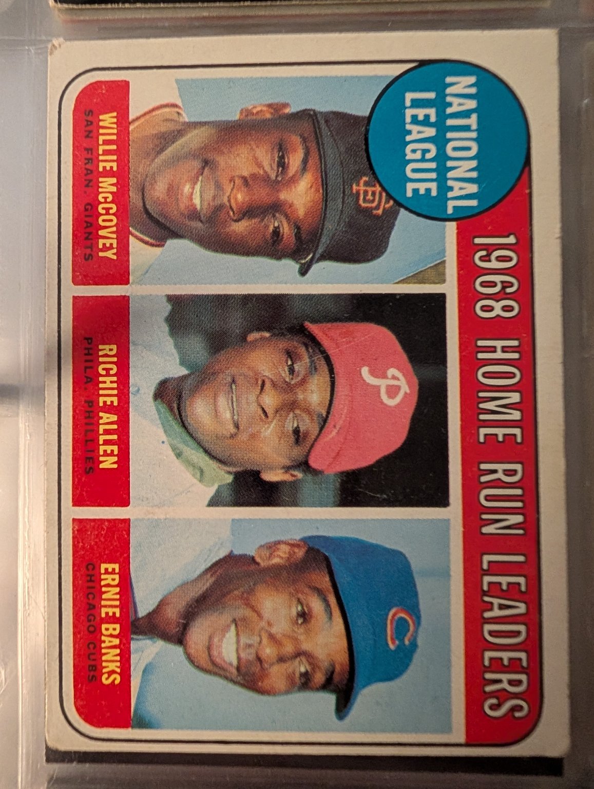 1968 Topps #8 National League Home Run Leaders (Willie McCovey, Richie Allen, Ernie Banks) Base - Trading Card Image