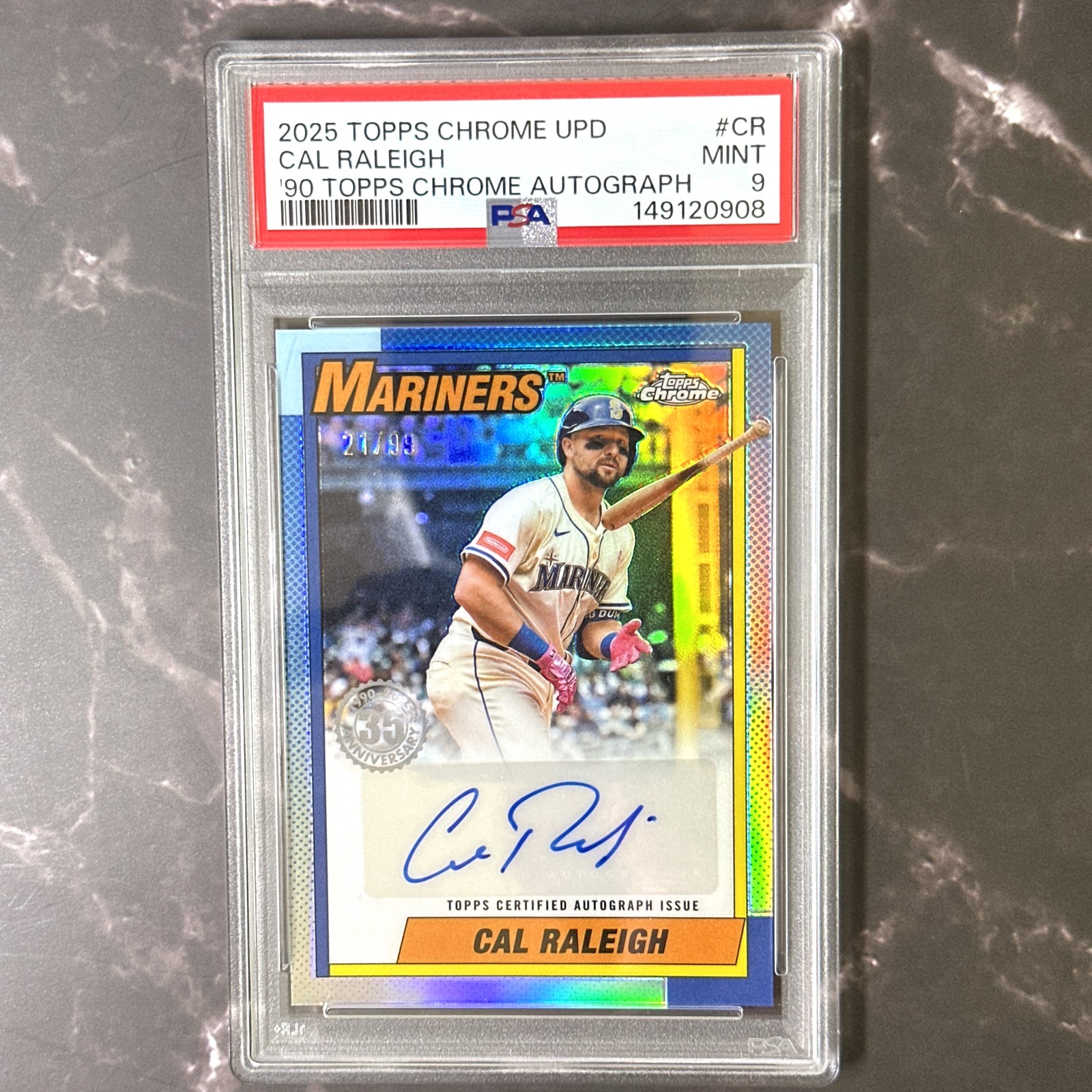 Cal Raleigh 2025 Topps Chrome Update '90 Topps Chrome Blue Refractor '90 Topps Chrome Autograph Blue Refractor Mint - Trading Card Image