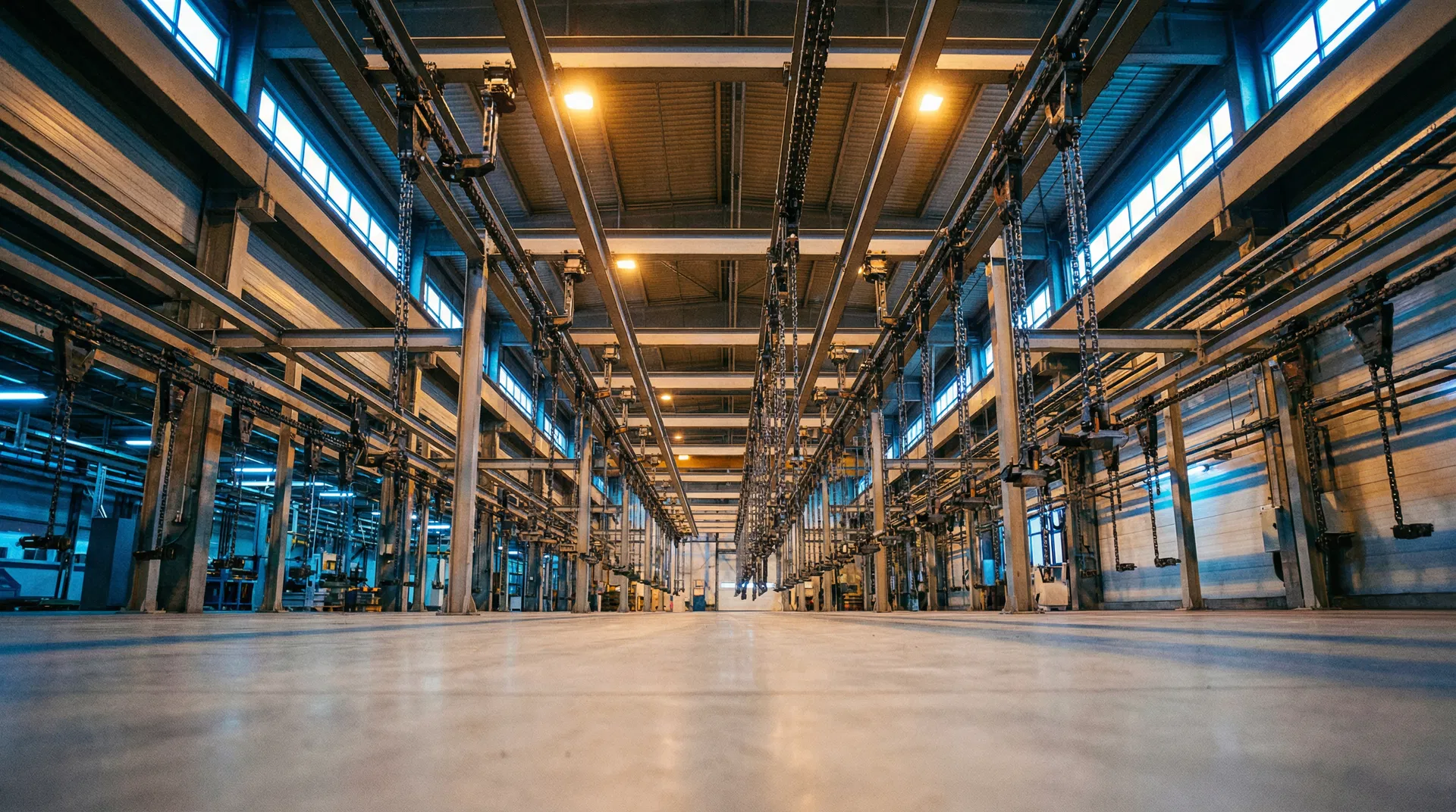 Overhead conveyor system in industrial facility