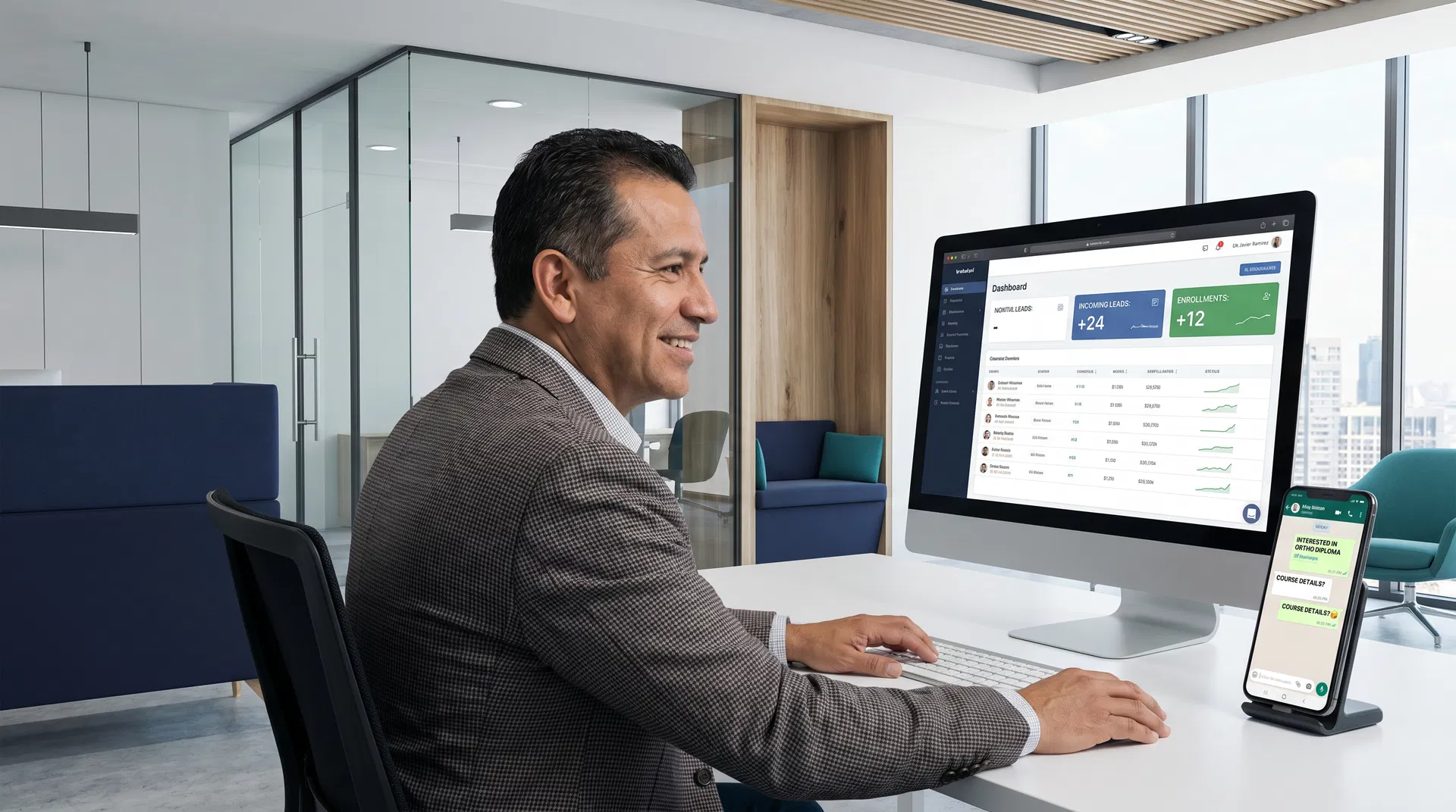 Dental school director with AI dashboard and WhatsApp leads