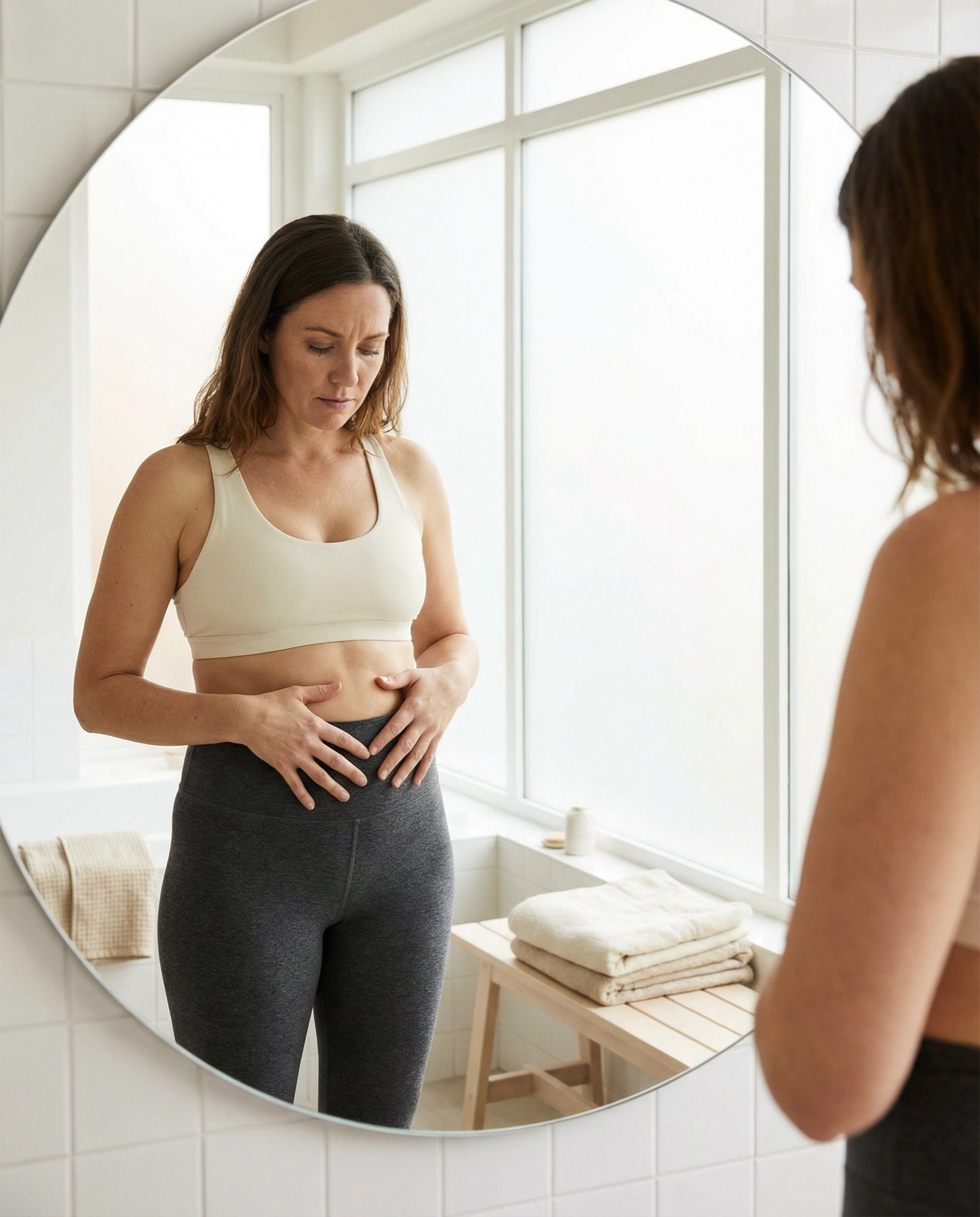 Woman frustrated with belly fat despite eating clean