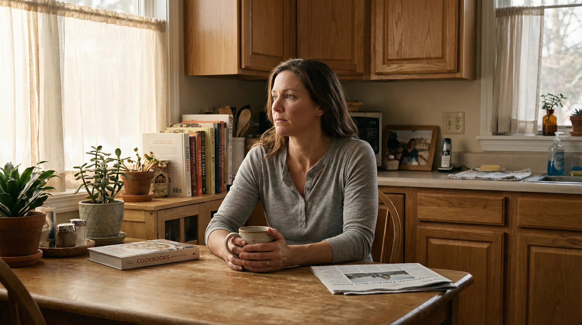 A woman at her kitchen table in the morning, holding a cup of coffee.