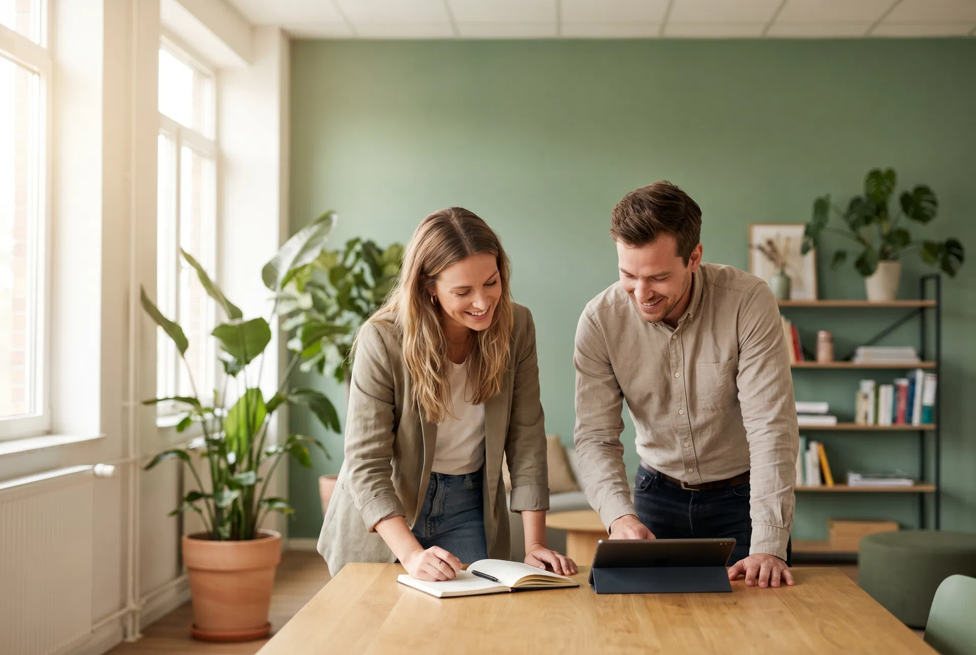Small business owner reviewing coverage options with employee in modern office