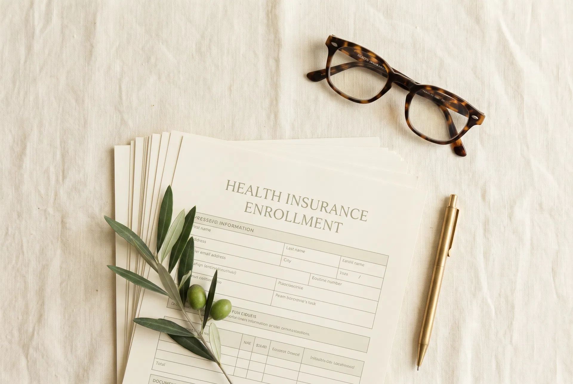 Health insurance enrollment paperwork with olive branch and reading glasses