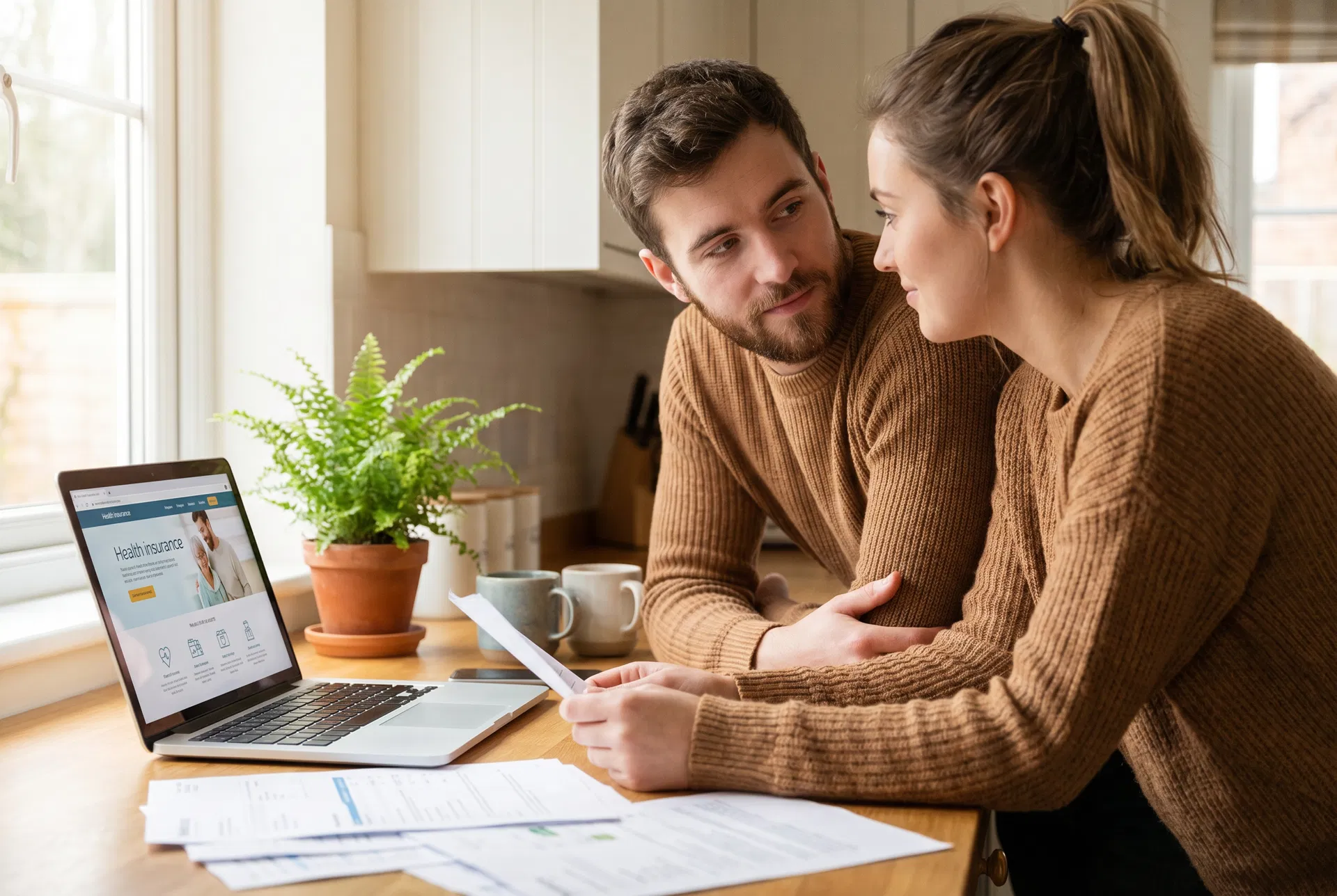 Couple reviewing health insurance options together at kitchen table