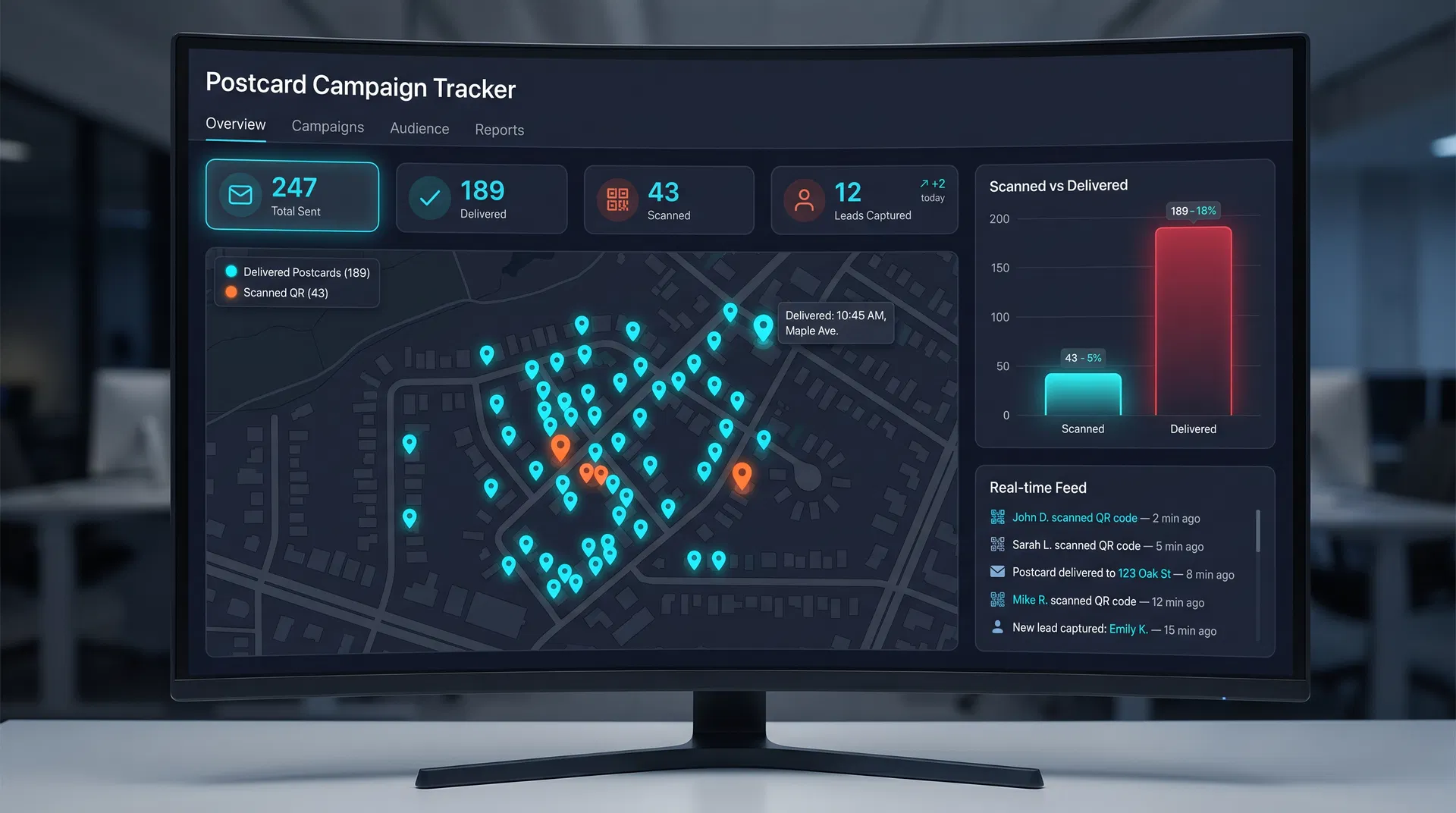 FX Web Media Direct Mail Delivery Tracking — real-time map, delivery timeline, and analytics dashboard