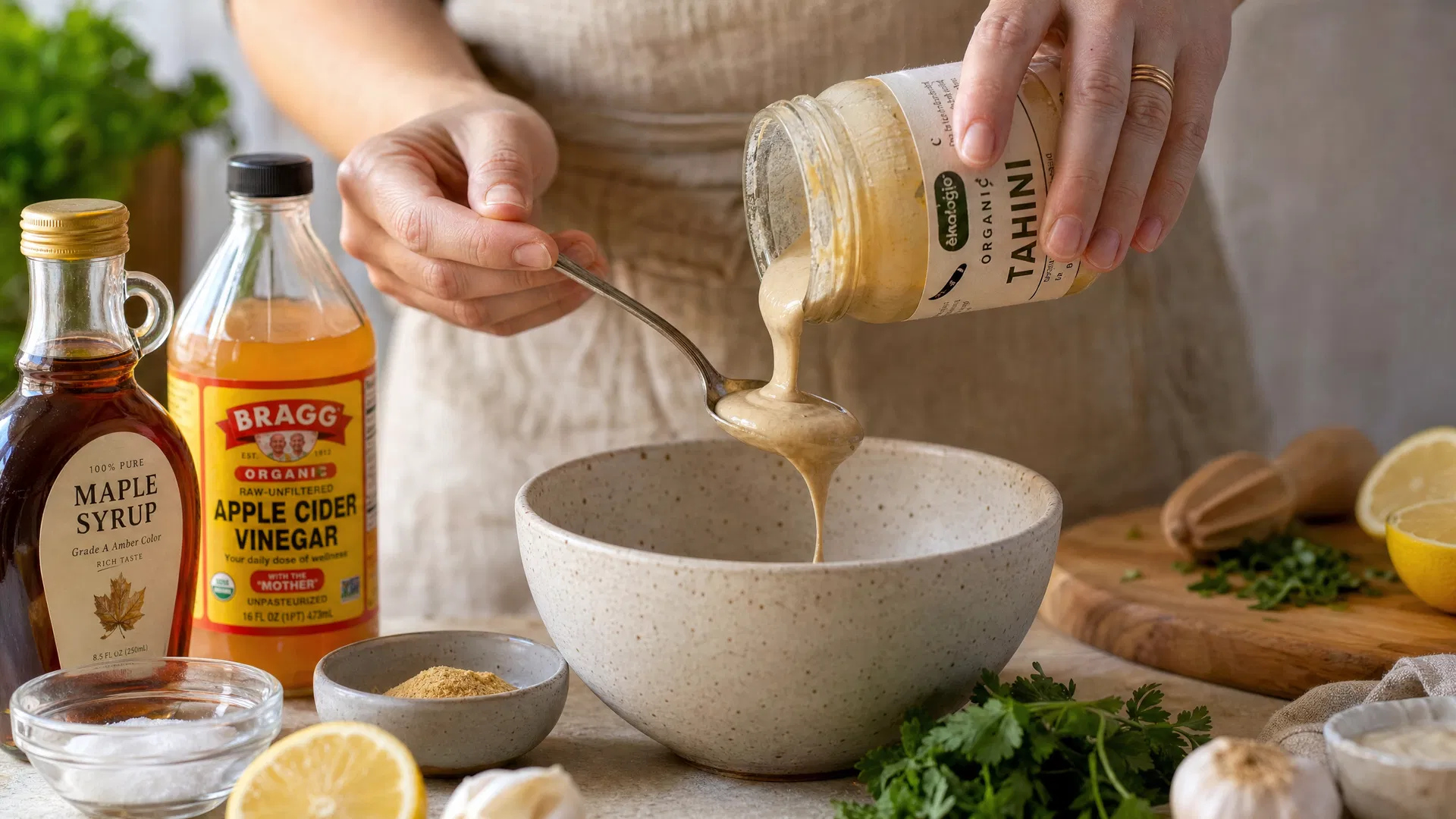 Mani che preparano tahini dressing in una ciotola bianca, con bottiglie di sciroppo d'acero e aceto di mele sullo sfondo