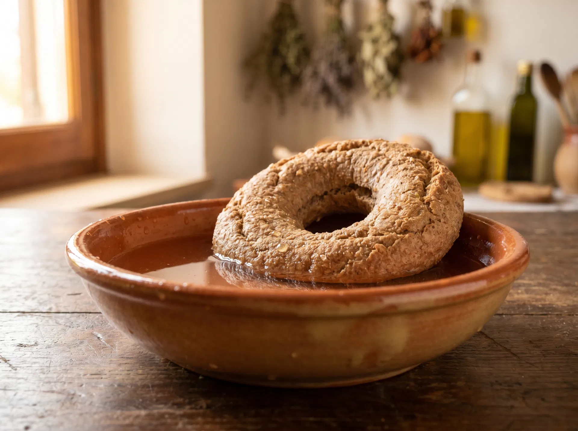 Frisella integrale con pomodorini, cannellini e basilico su piatto in terracotta