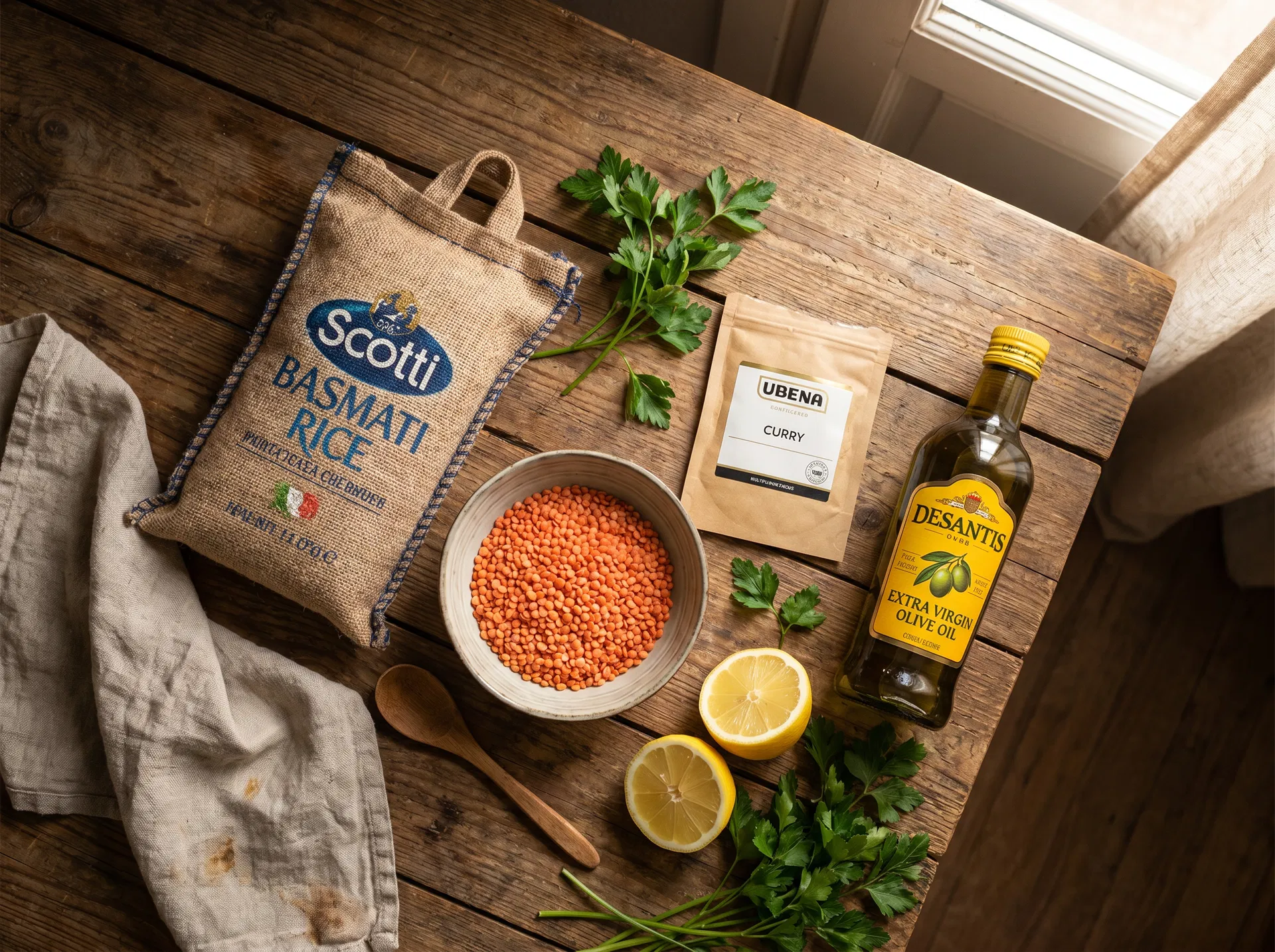 Riso Basmati e Lenticchie al Curry fumante in ciotola rustica