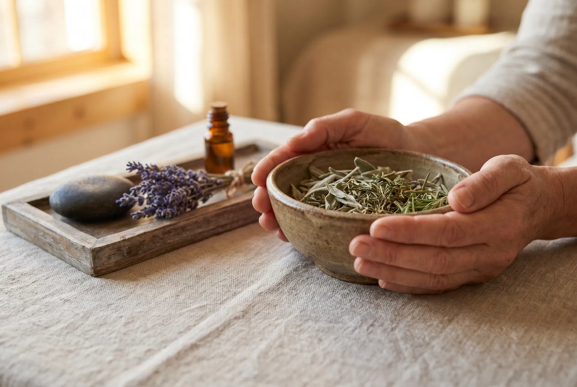 Mani che tengono una ciotola con erbe aromatiche su un tavolo in lino, atmosfera slow living