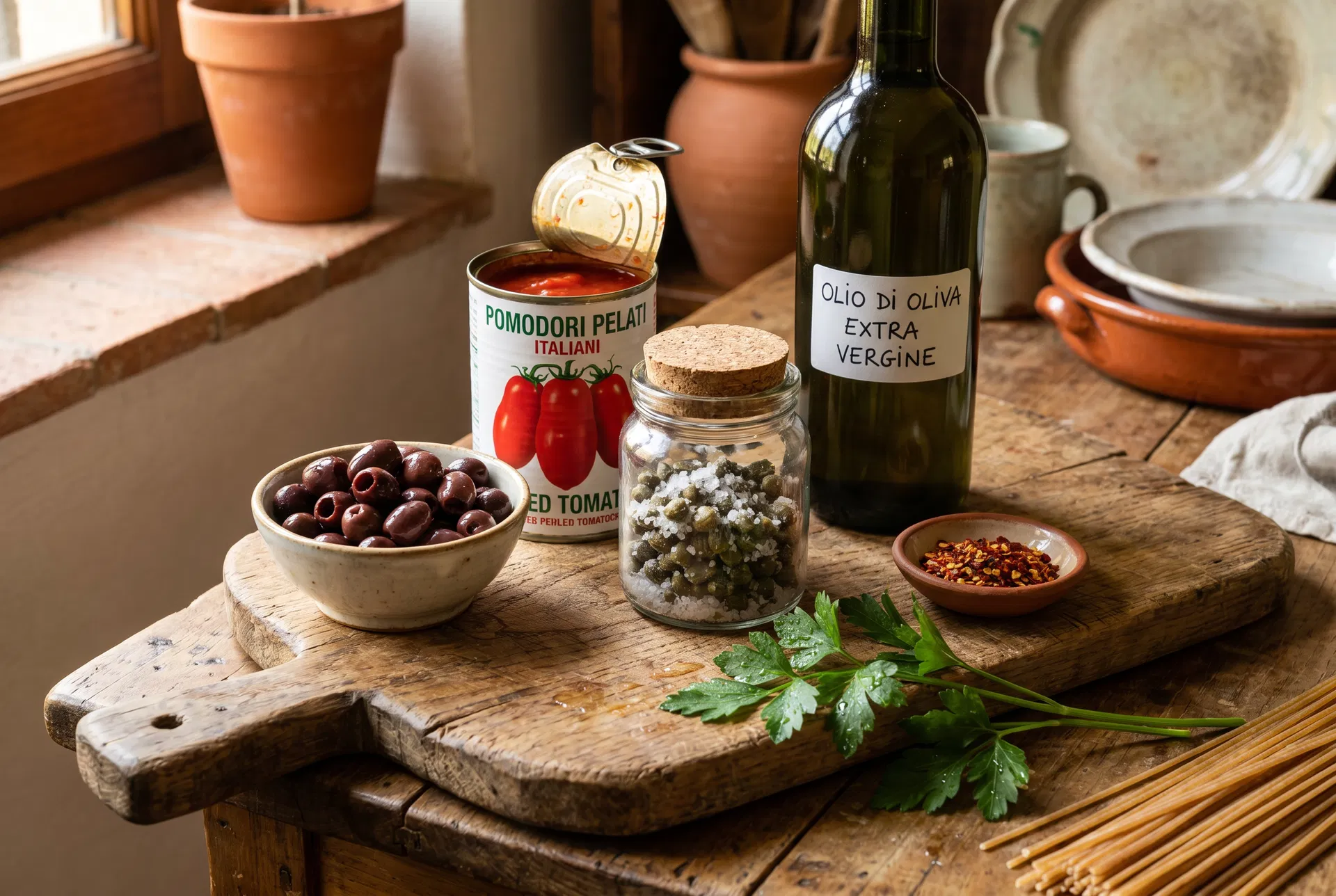 Ingredienti per la puttanesca vegana: pelati, olive nere, capperi, olio EVO e peperoncino su tagliere rustico