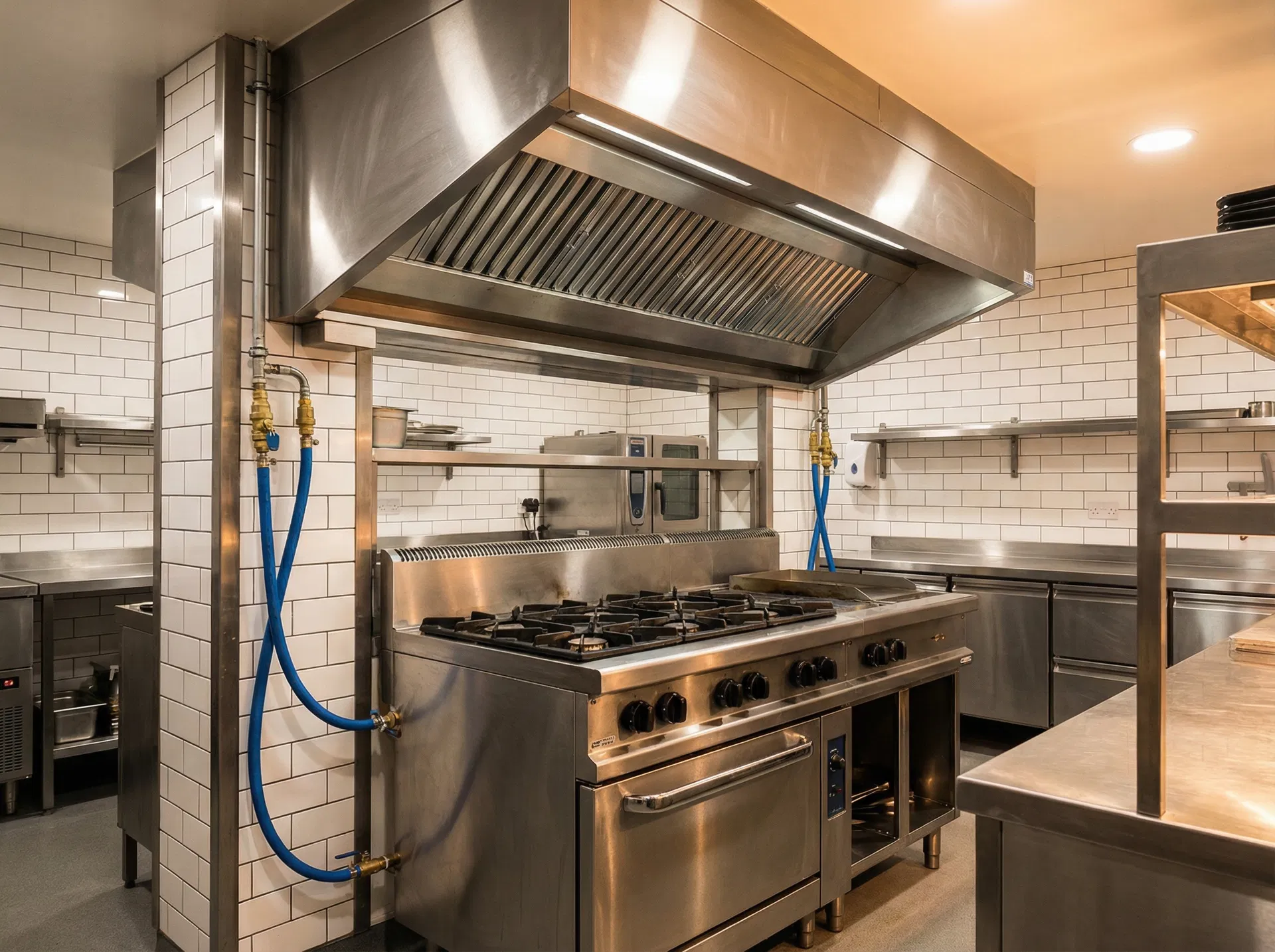 Commercial kitchen gas range installation with extraction hood and gas connections