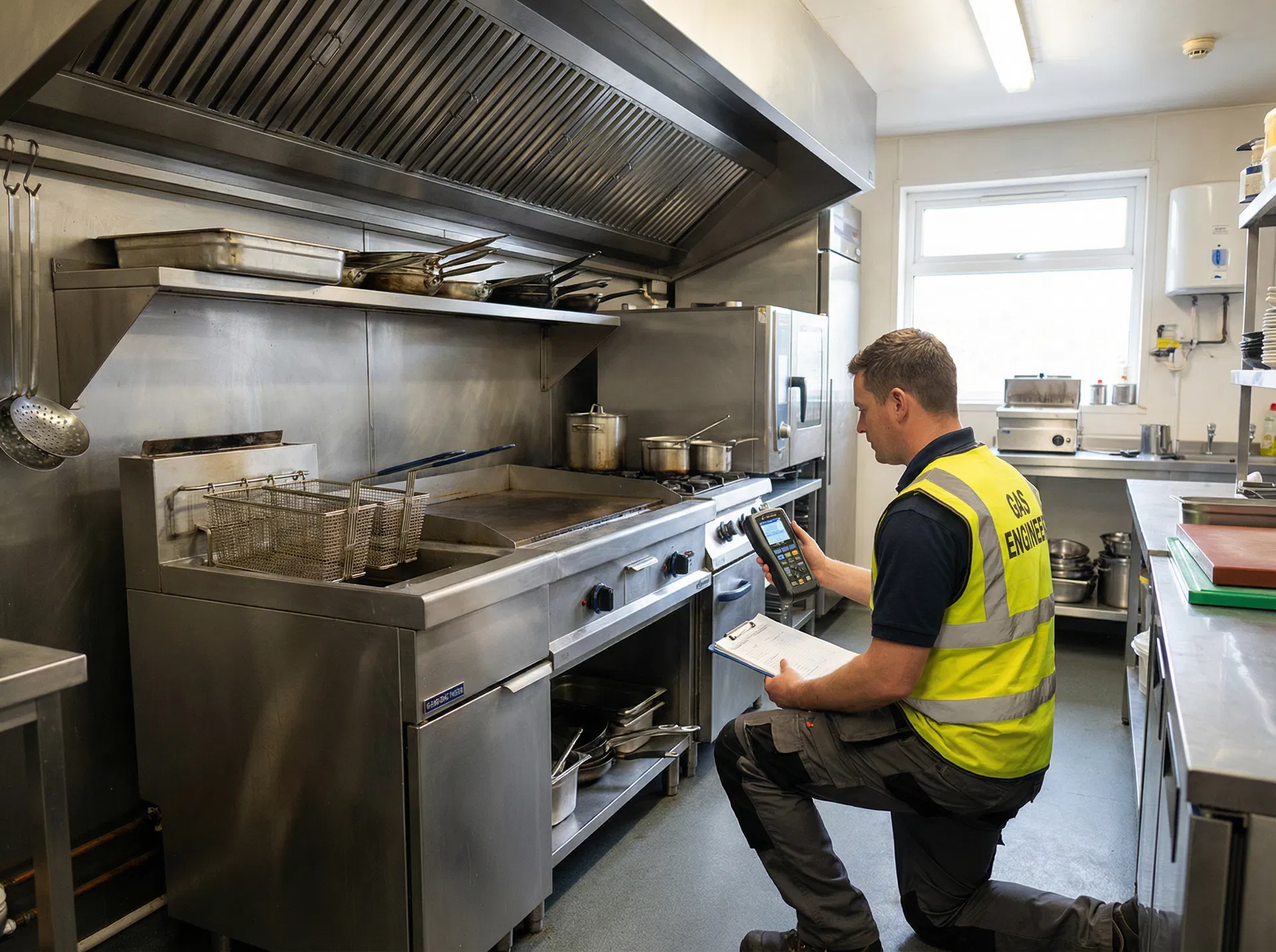 Gas engineer performing CP42 safety inspection in commercial kitchen