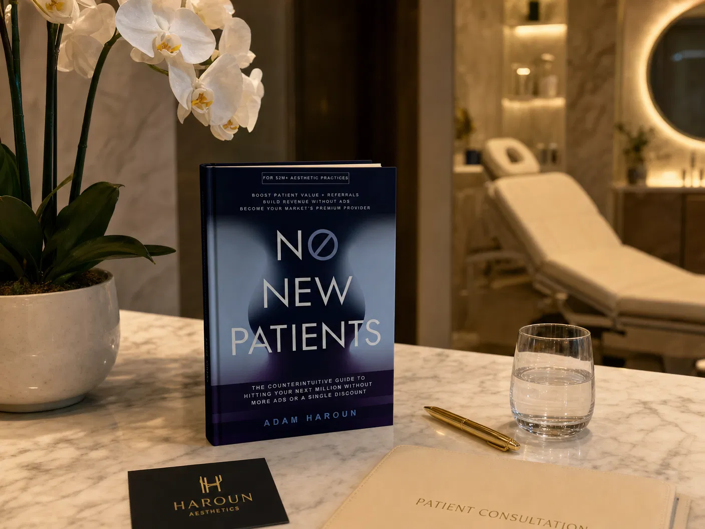 No New Patients book by Adam Haroun on a luxury med spa desk