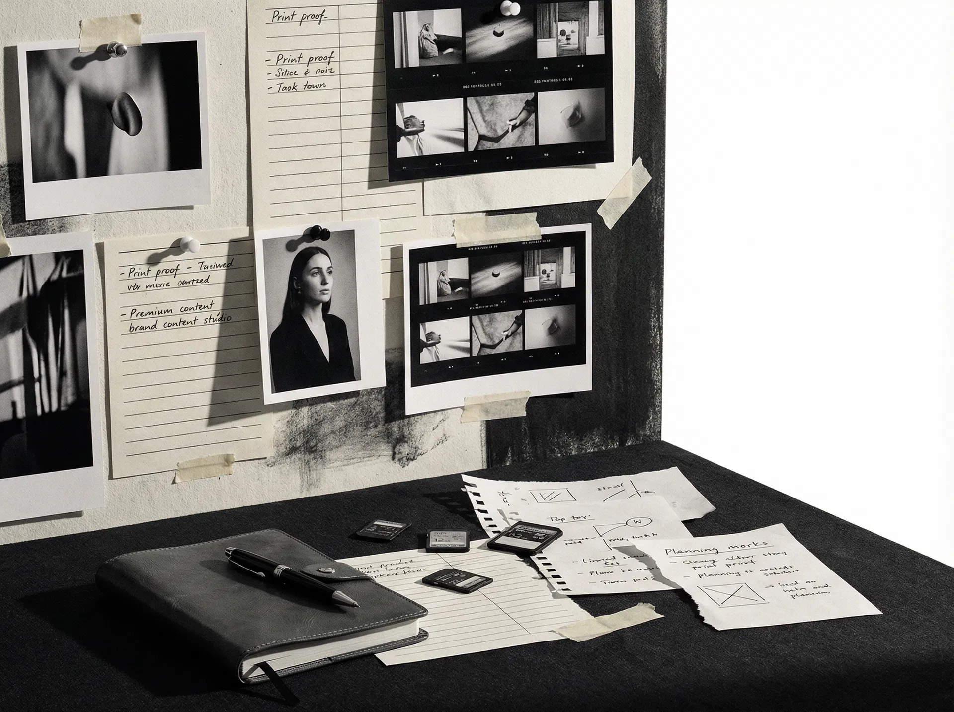 Creative planning board showing proofs and strategy notes