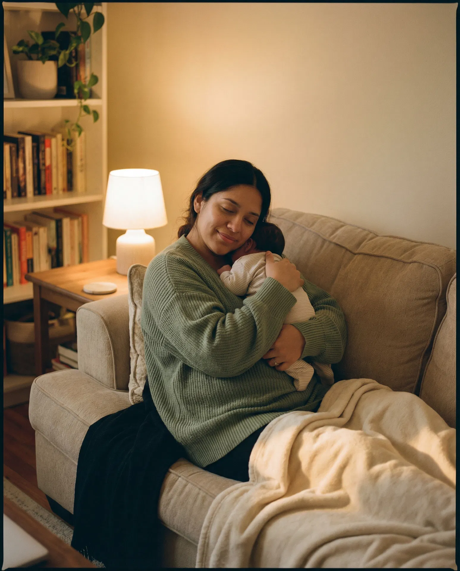 Mamá agotada sosteniendo a su bebé