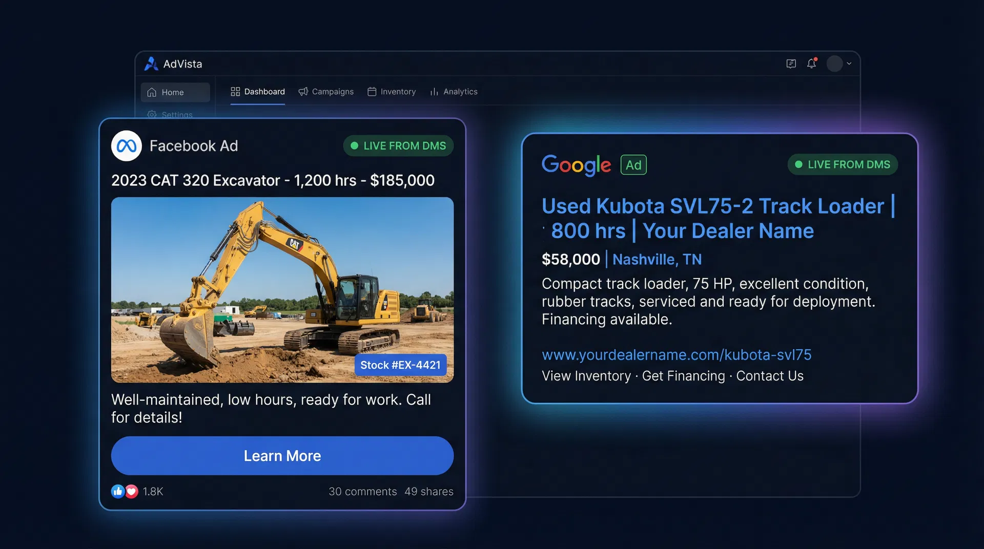 Dynamic stock #-specific Facebook and Google ads for heavy equipment, synced live from DMS