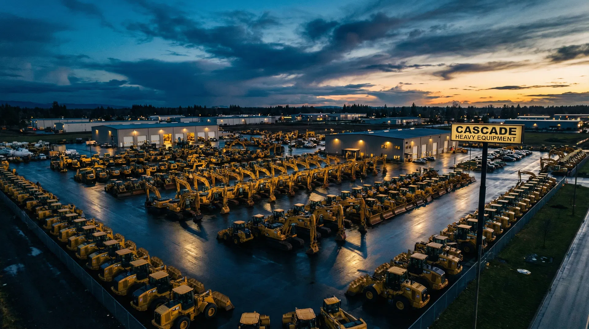 Heavy equipment dealership lot at dusk