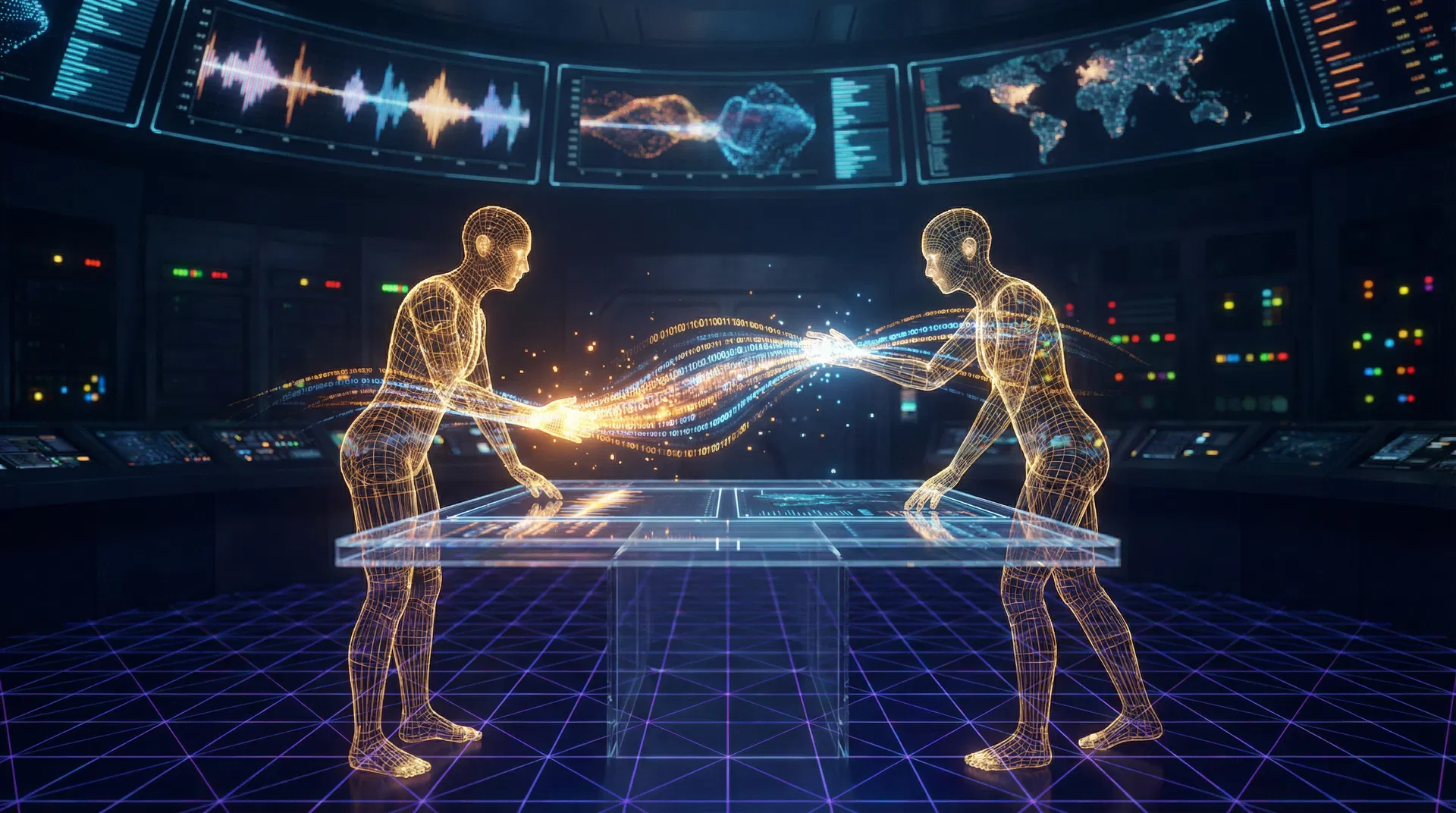 AI agents negotiating in a digital command center