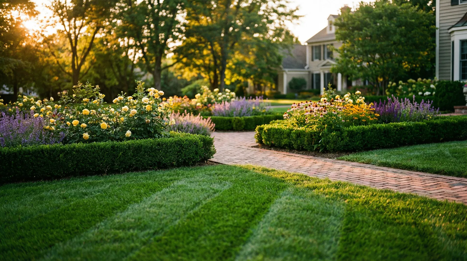 Beautifully maintained lawn at golden hour