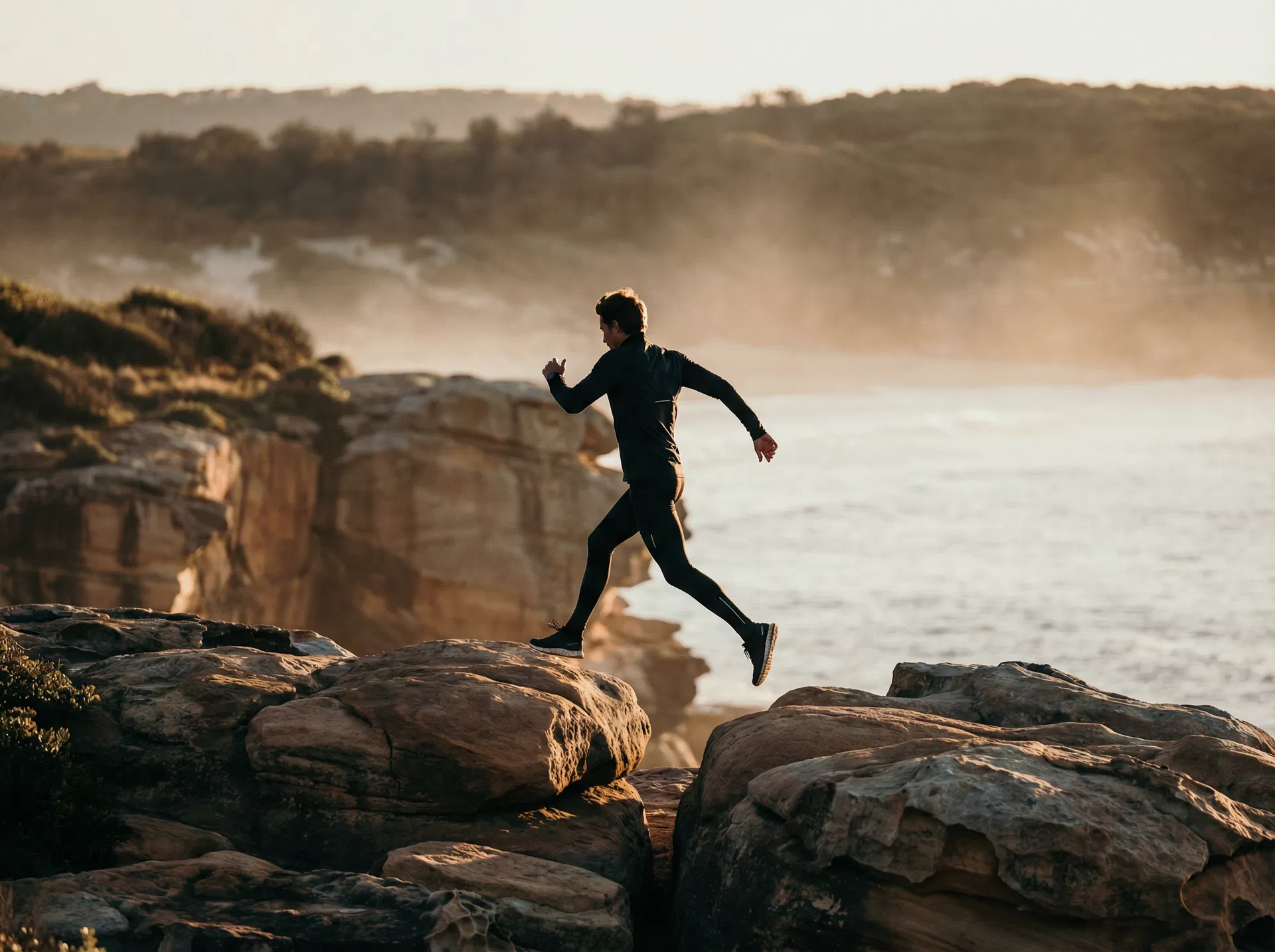 Athlete training on Australian coastal terrain at sunrise