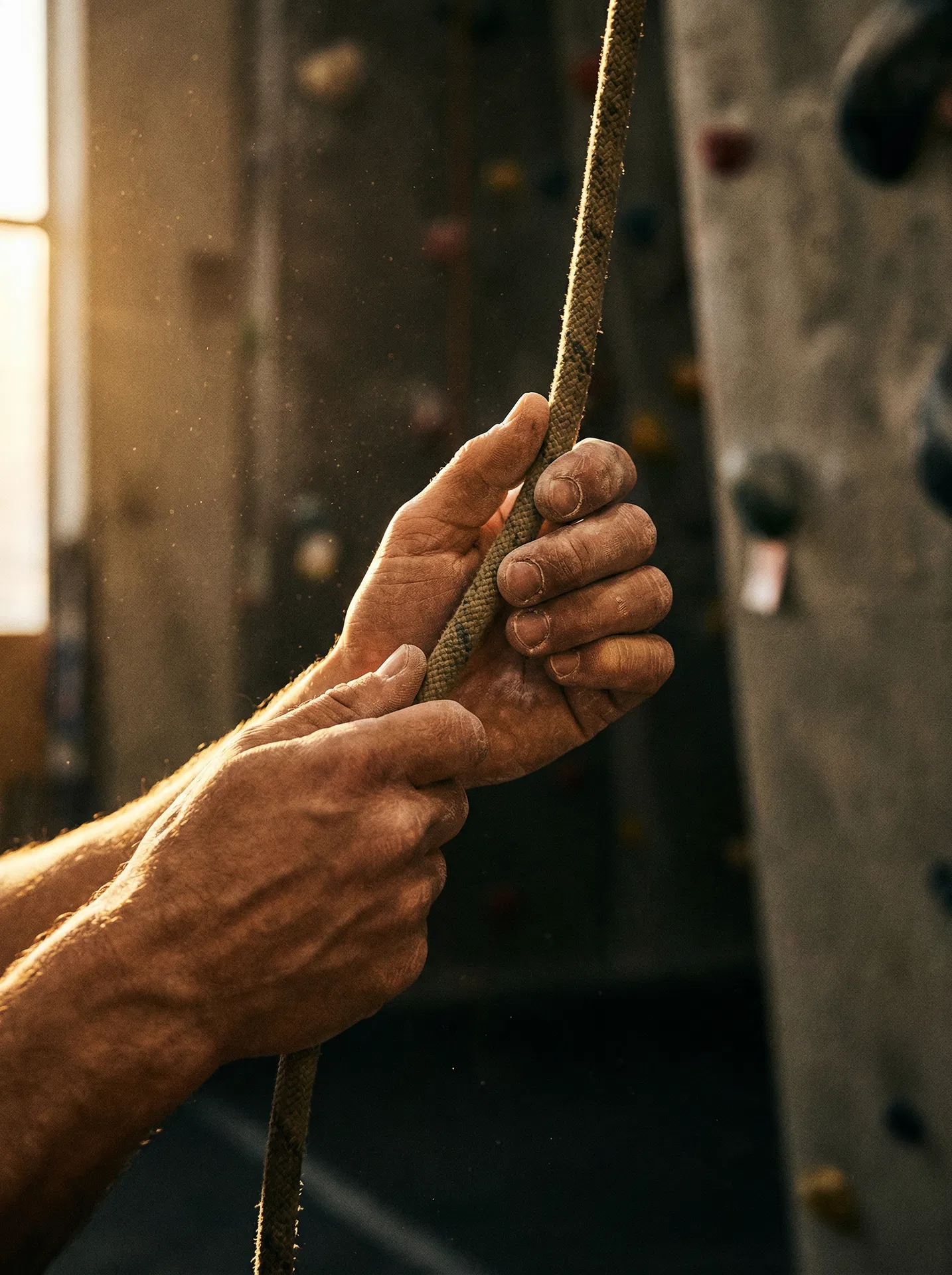 Hands gripping a climbing rope — dedication and grit