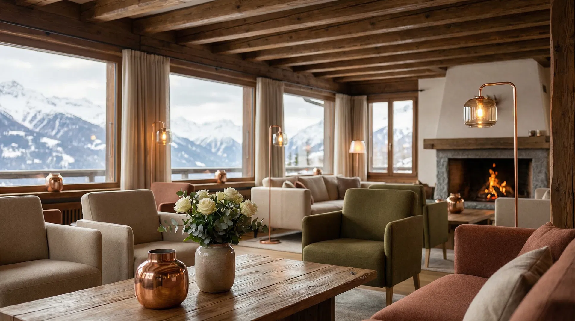 Co-Working Bereich im Hotel Bergsonne Rigi mit Bergblick